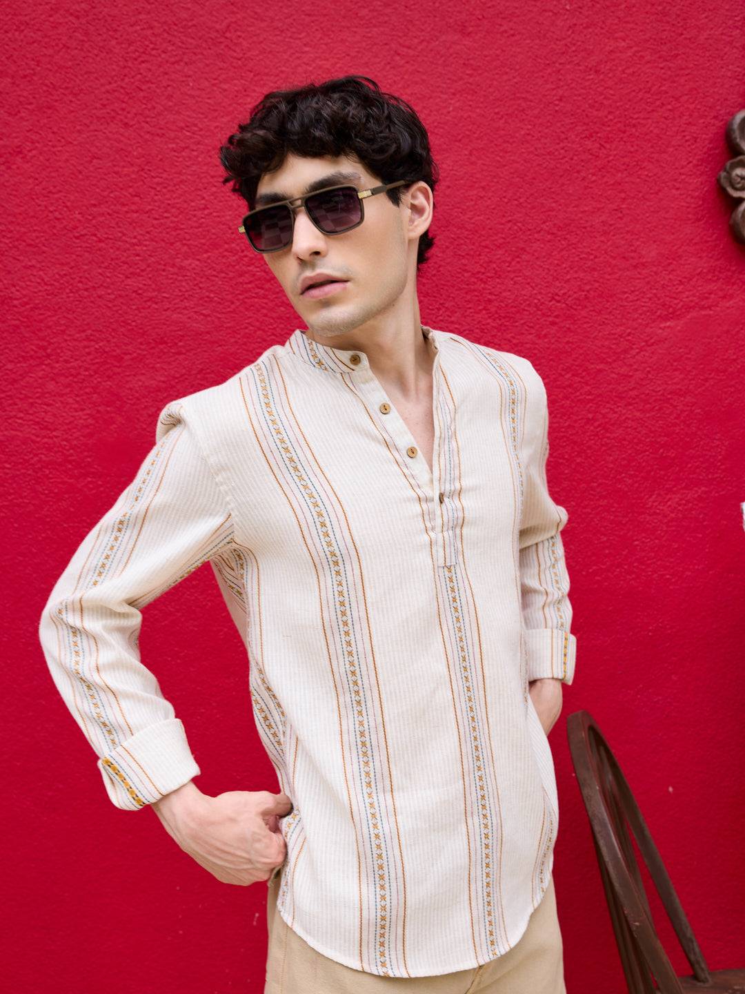 Cream Embroidered Striped Linen Kurta Buy only at ₹699