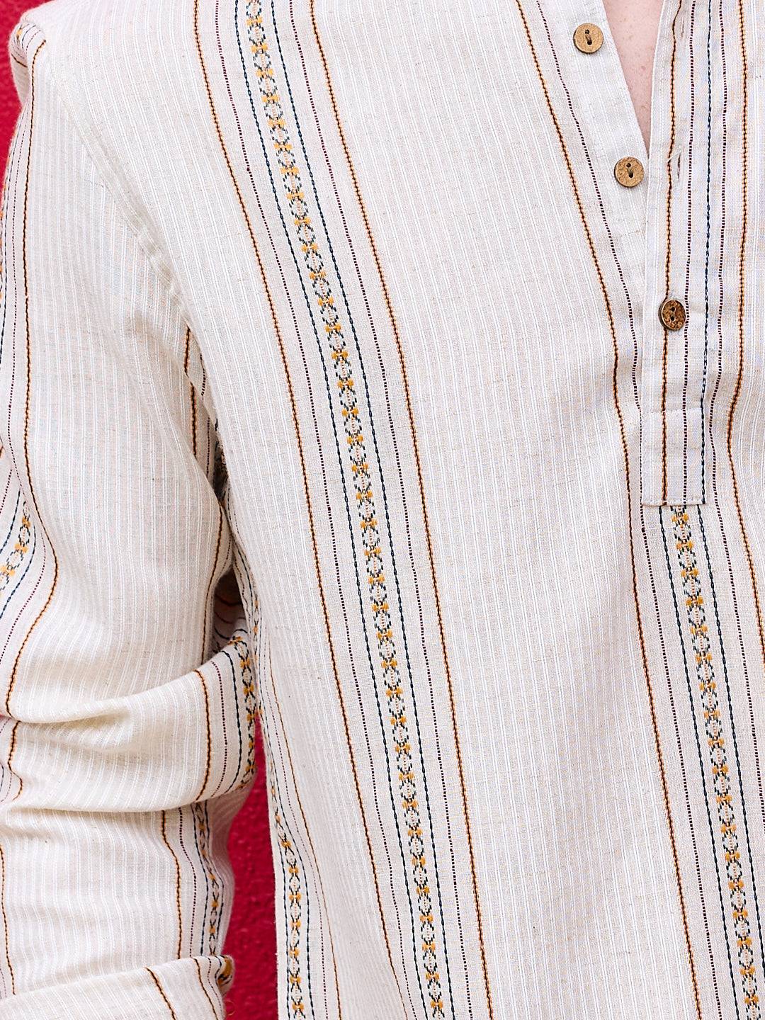 Cream Embroidered Striped Linen Kurta Buy only at ₹699
