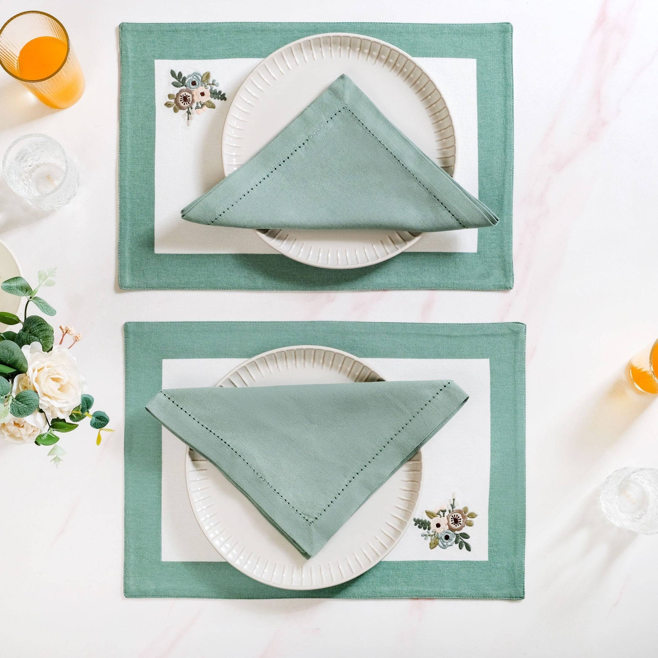 Ventosa Cotton Table Mat And Napkin Set Of 12 In Teal