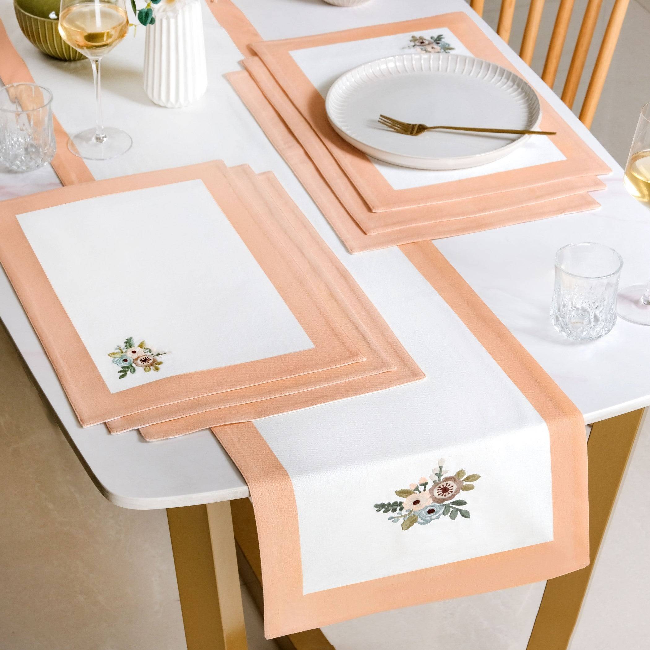 Ventosa Pure Cotton Table Runner And Placemat Set Of 7 In Peach