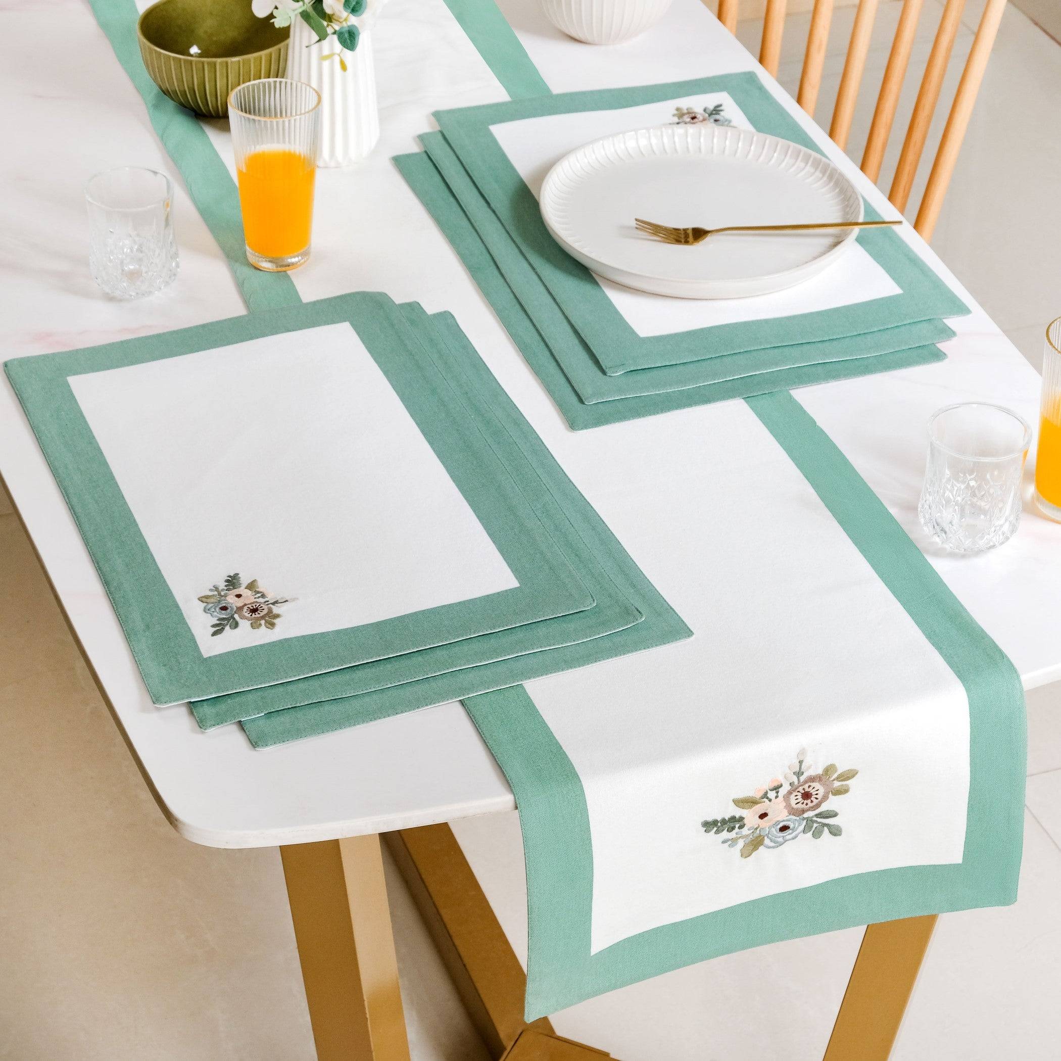 Ventosa Pure Cotton Table Runner And Placemat Set Of 7 In Teal
