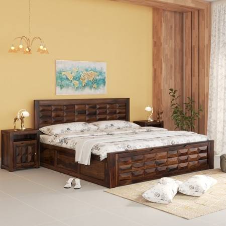 Shashi Solid Wood Queen  Size Bed With Box & Front Drawer Storage Bed In Provincial Teak Finish