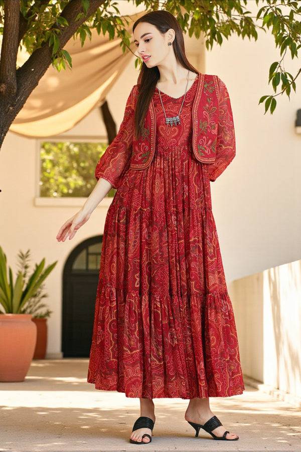 Red Paisley Printed Chiffon Dress and Waistcoat