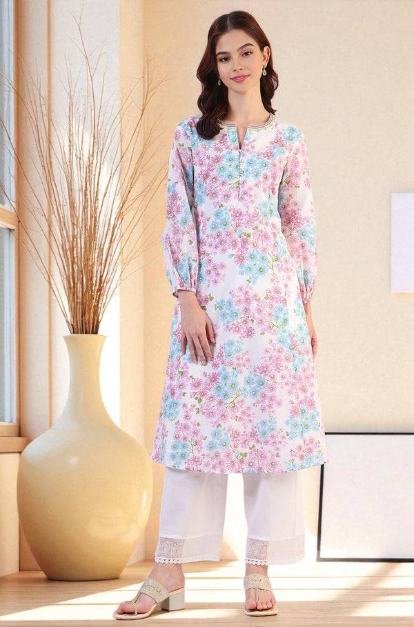 Purple Floral Printed Flared Pure Cotton Kurta With Embroidered Neck