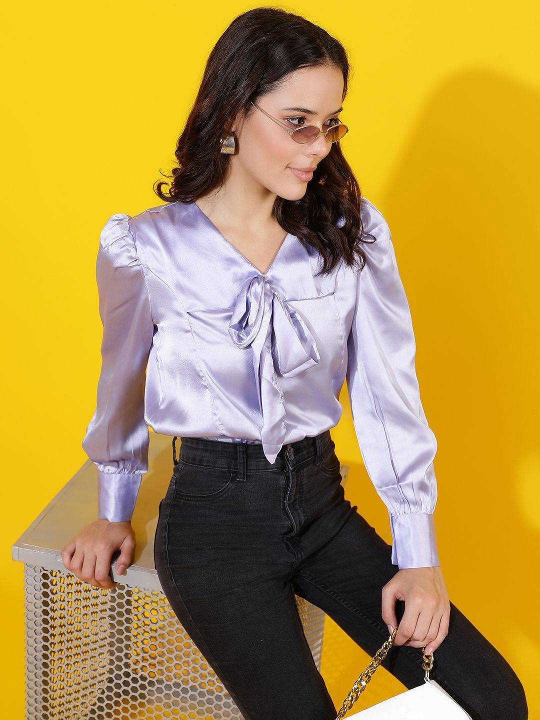 Kotty Women Solid Tie-Up Neck Satin Top