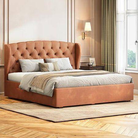 Holmebrook Engineered Wood King Size Drawer Storage Upholstered Bed Tan Leatherette