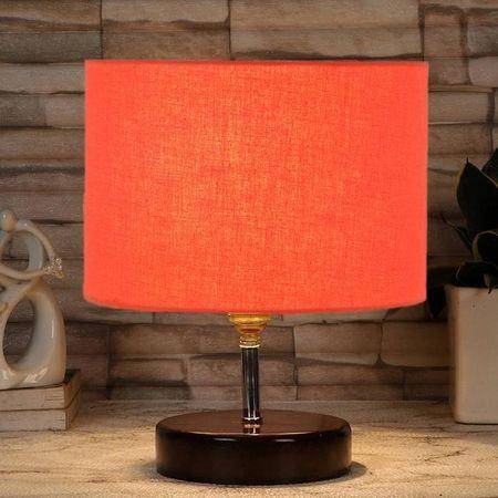 Mercle Orange cotton table lamp with brown wood base