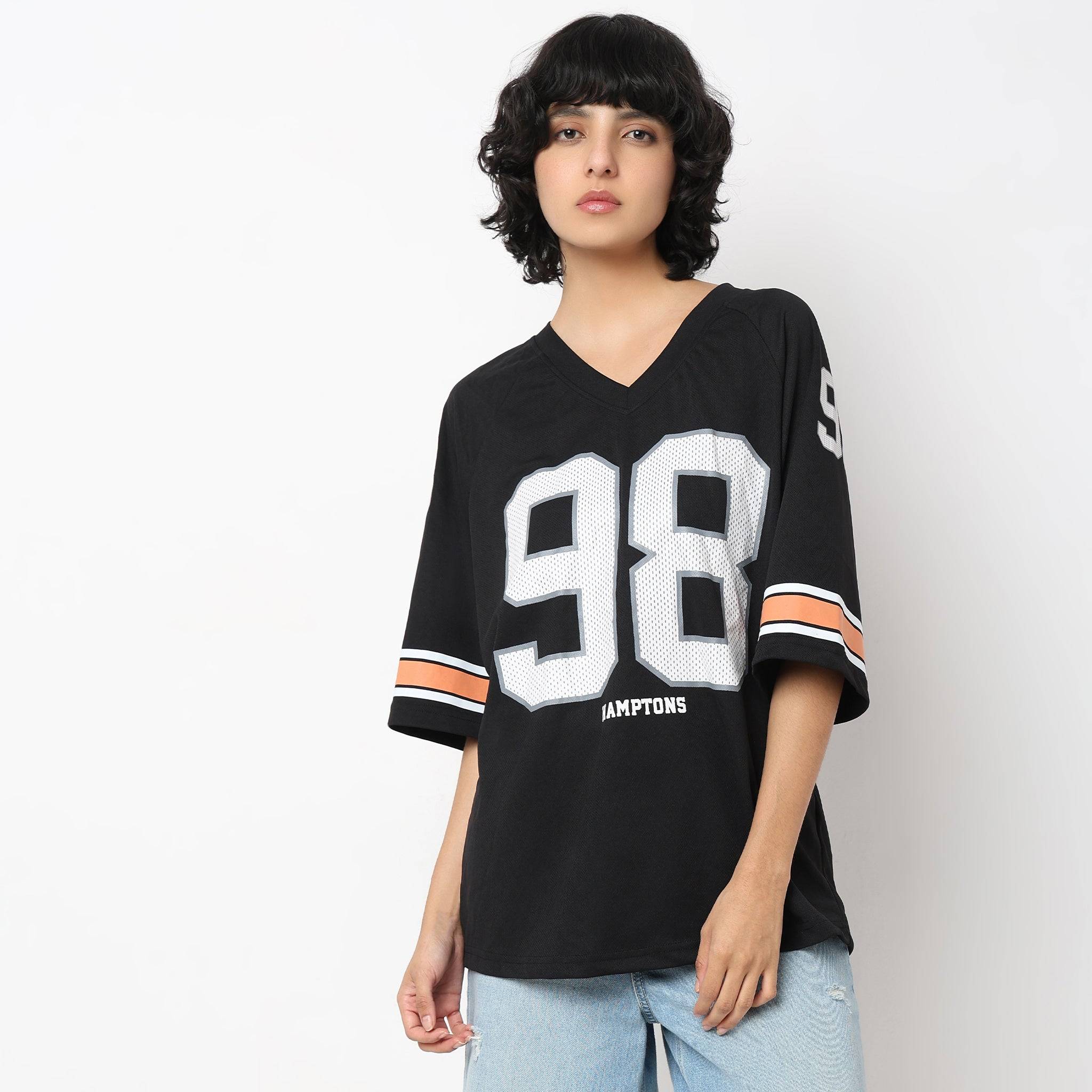 Oversize Printed Above Knee V-Neck Sporty T-Shirt