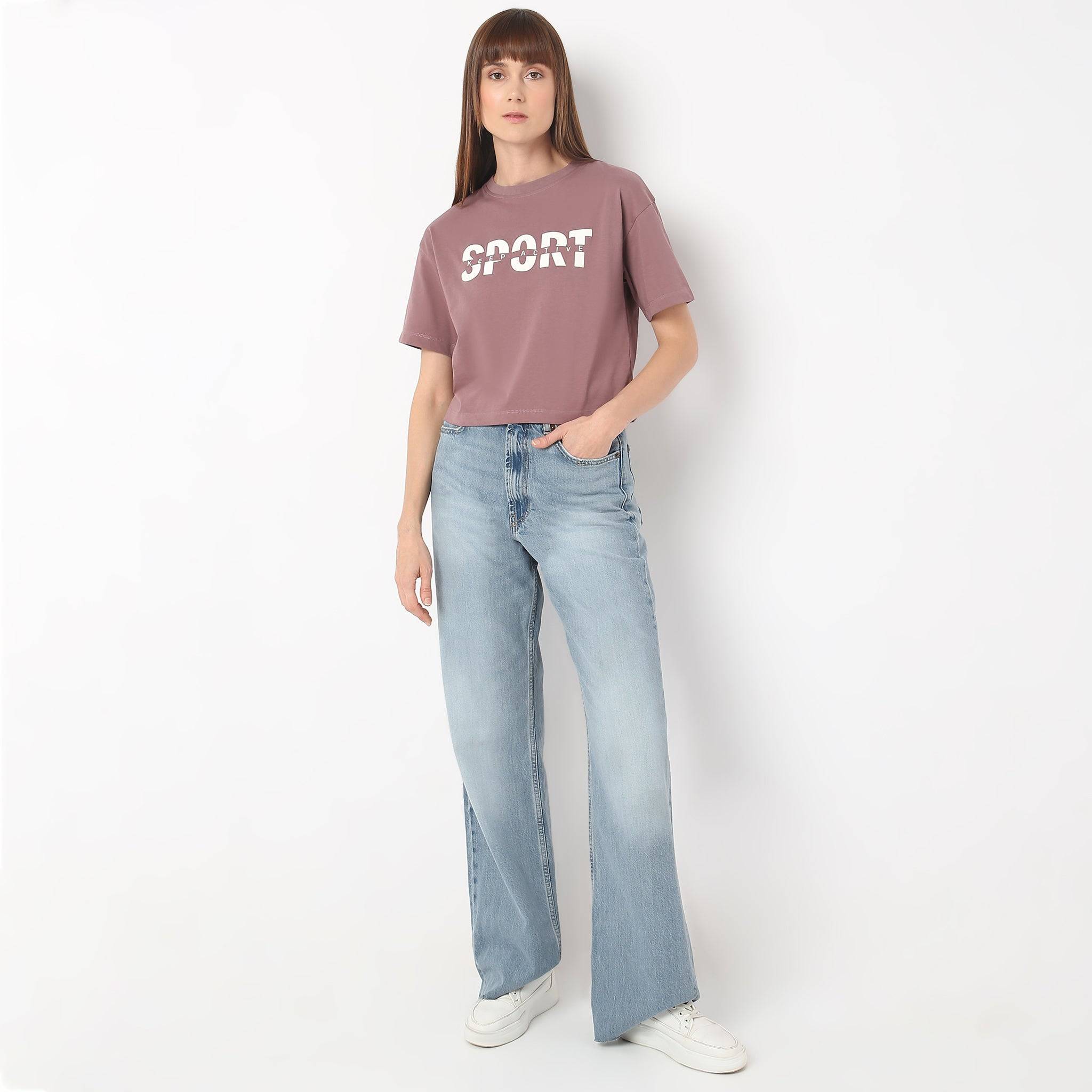 Boxy Fit Round Neck Performance Graphic Crop T-Shirt