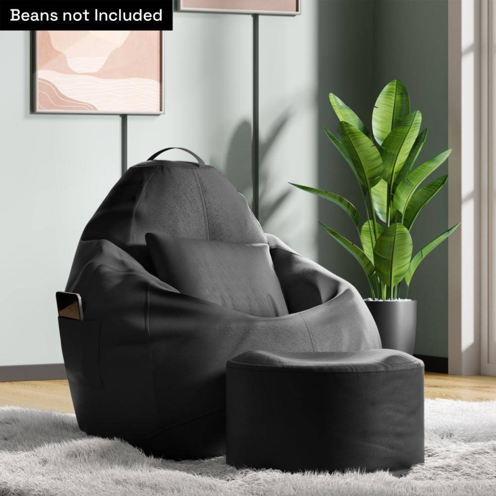 4XL Bean Bag Cover With Footrest & Cushion All Without Beans | Original Leatherette | Black | Bean Bag Chair | Cozy & Ideal for Any Space