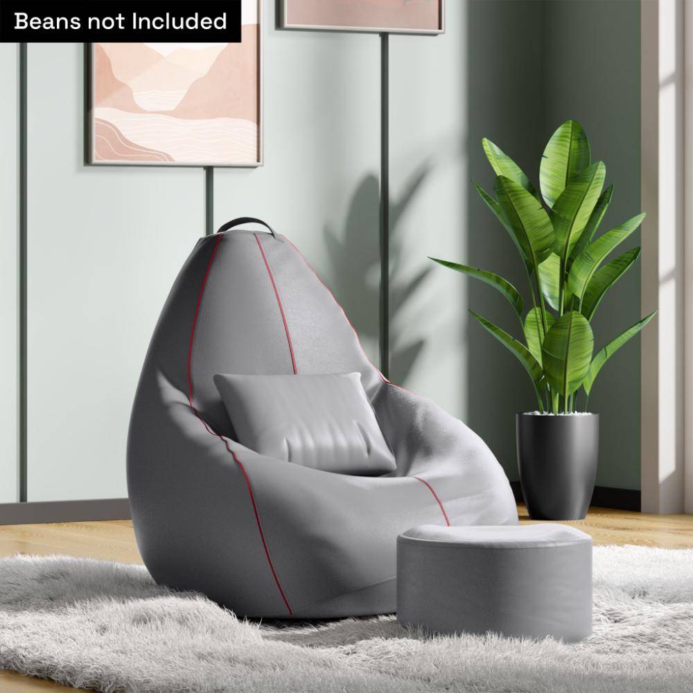 3XL Bean Bag Cover With Footrest & Cushion All Without Beans | Original Leatherette | Grey With Red Piping | Bean Bag Chair | Cozy & Ideal for Any Space