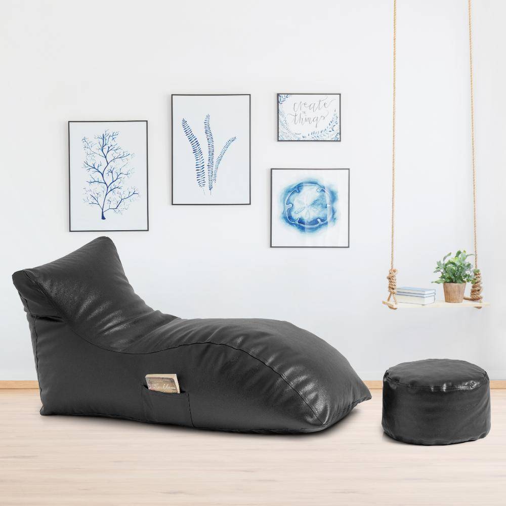 Leatherette Lounger Bean Bag Black with Beans and Footrest | Bean Bag Chair | Cozy & Ideal for Any Space