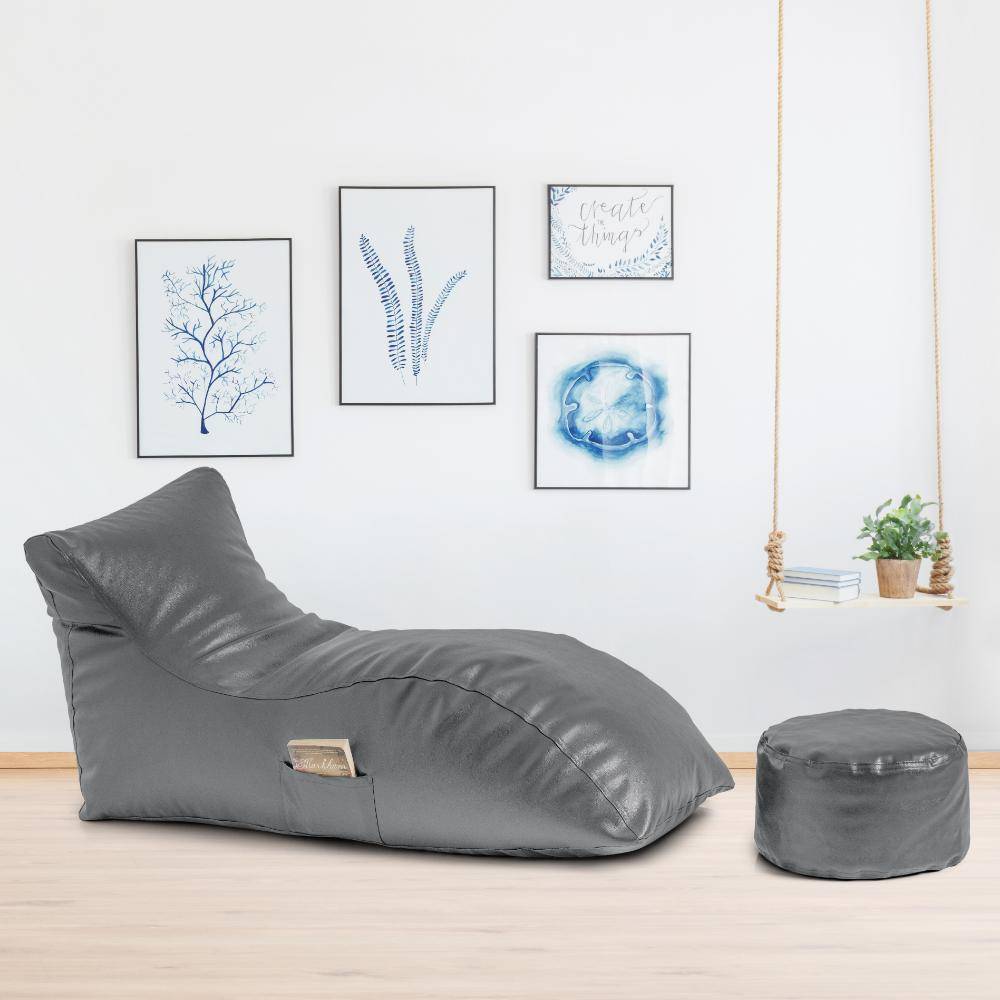 Leatherette Lounger Beanbag Grey with Beans and Footrest | Bean Bag Chair | Cozy & Ideal for Any Space