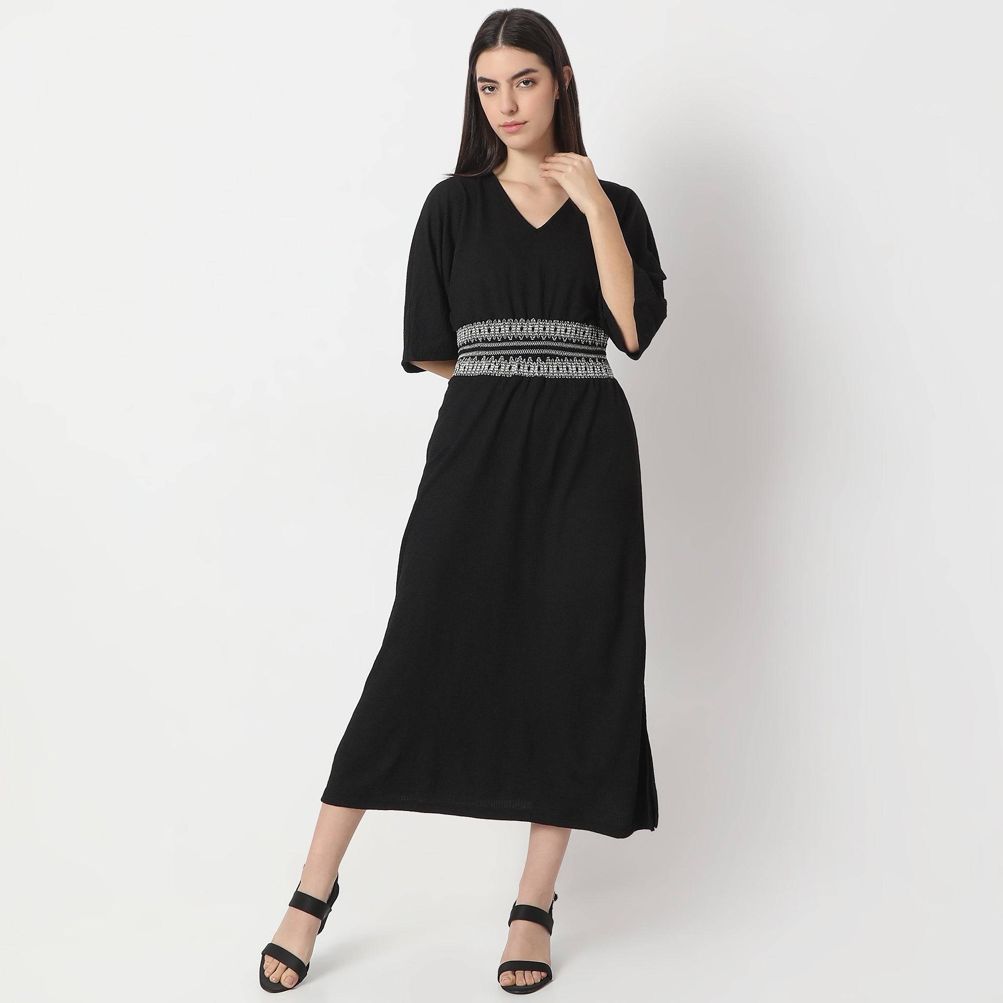 Flare Fit Structured Calf Length V-Neck Short Sleeve Dress