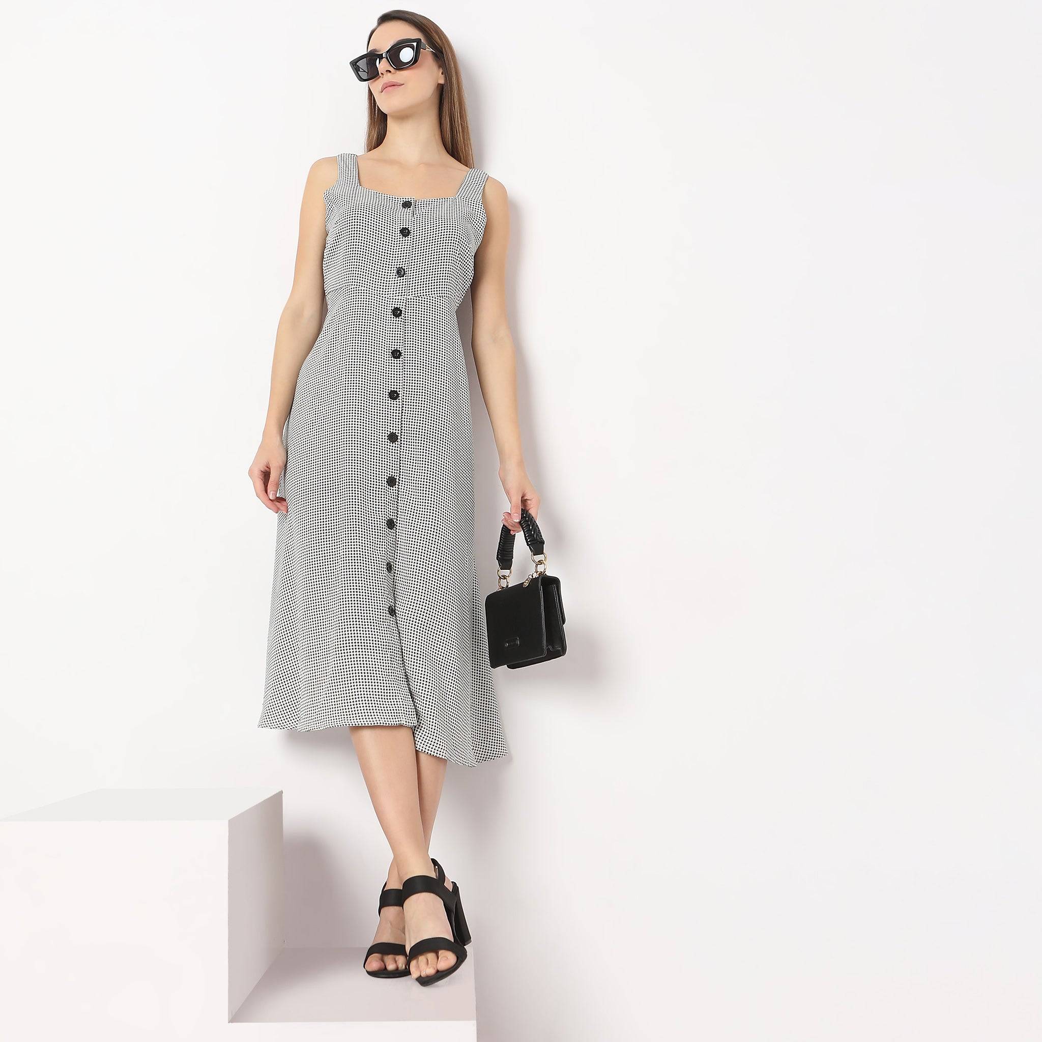 Printed Calf Length Square Neck A Line Sleeveless Dress