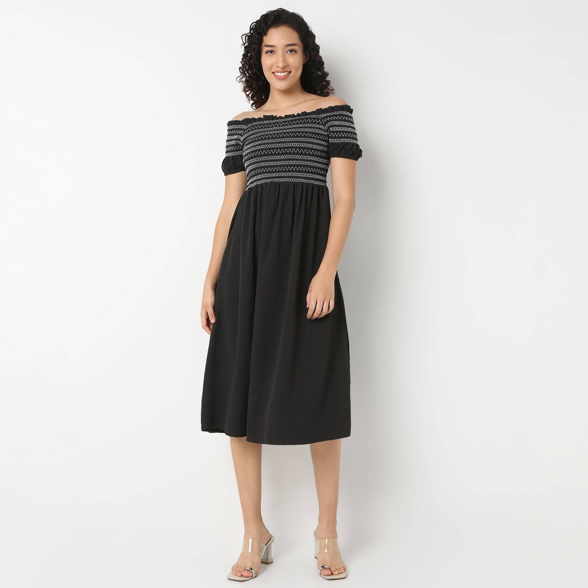 Off-Shoulder Neck Solid Flared Dress