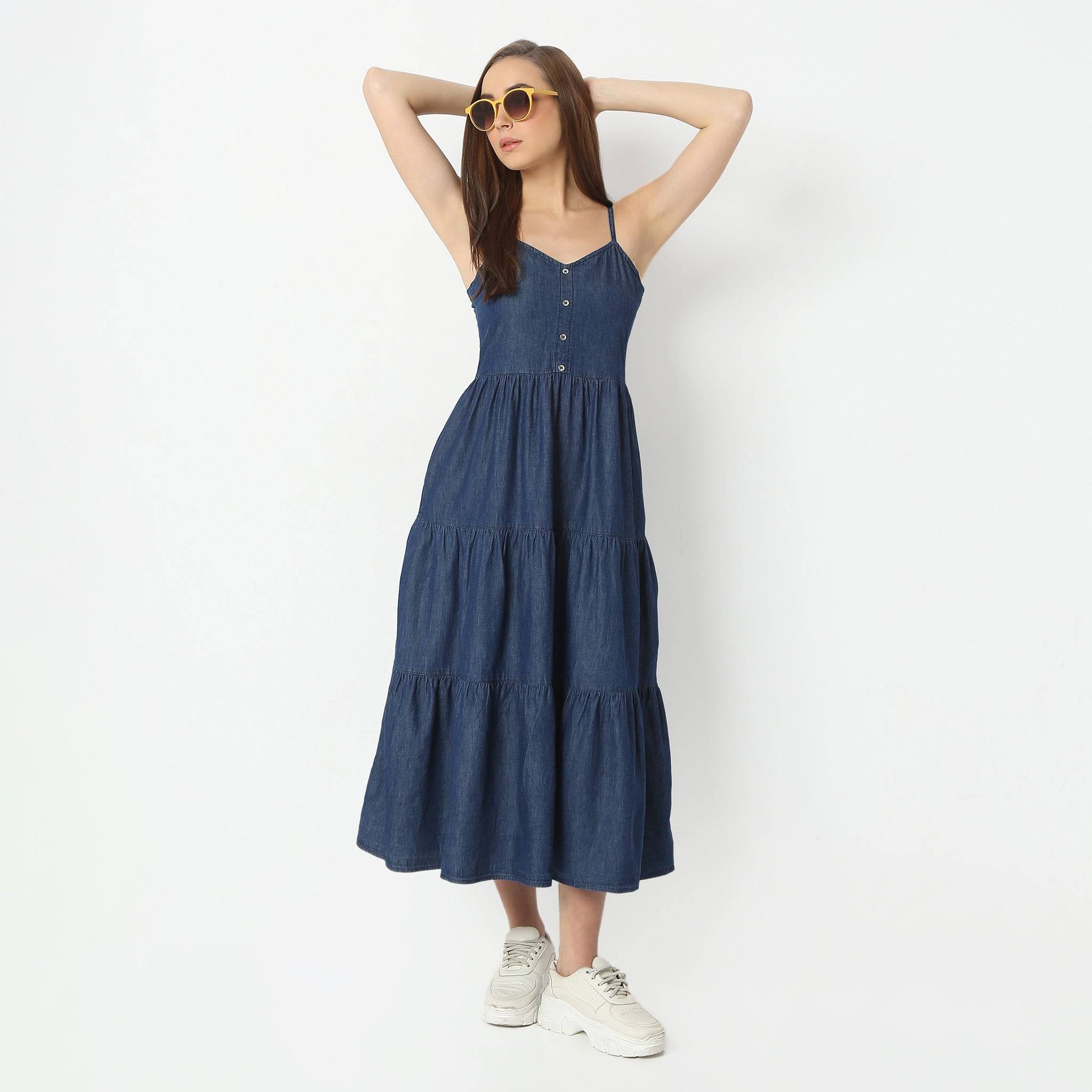 Calf Length V-Neck Spaghetti Long Tiered Denim Dress