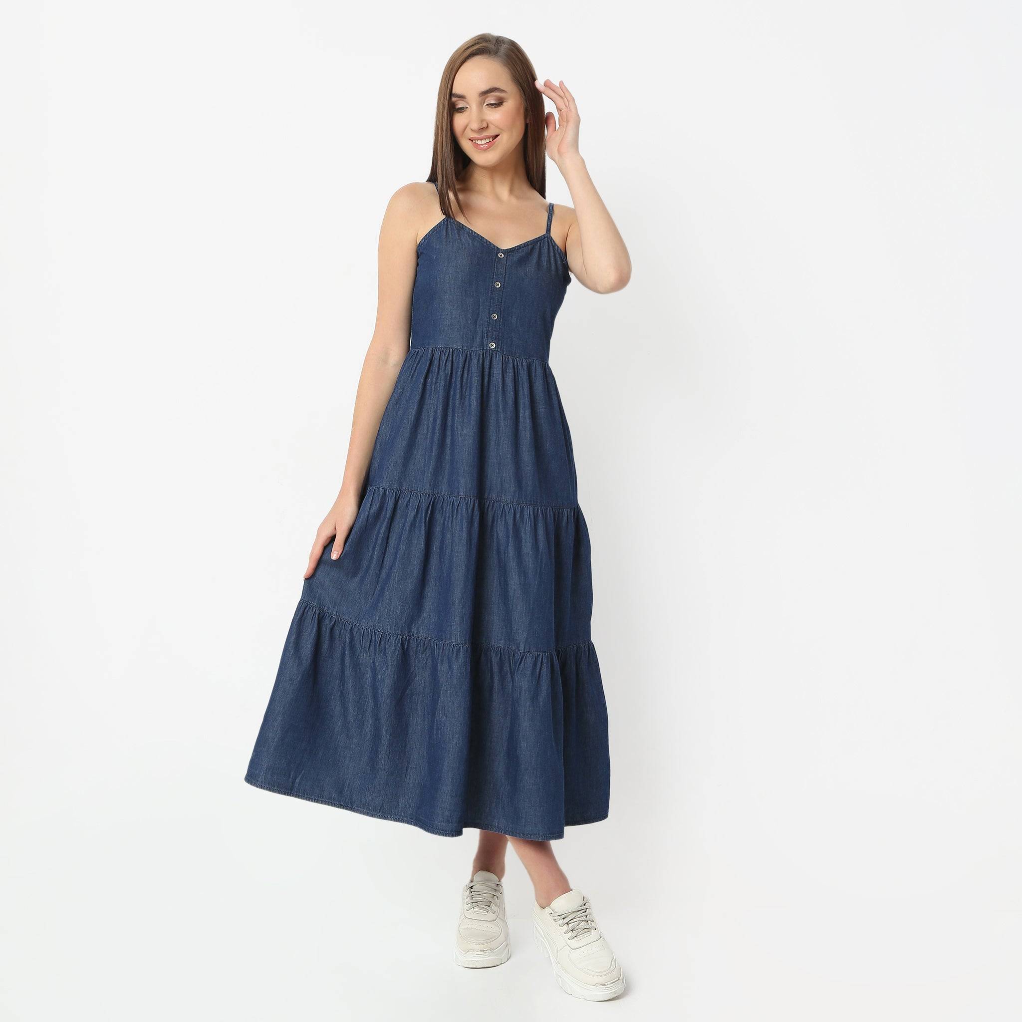 Calf Length V-Neck Spaghetti Long Tiered Denim Dress