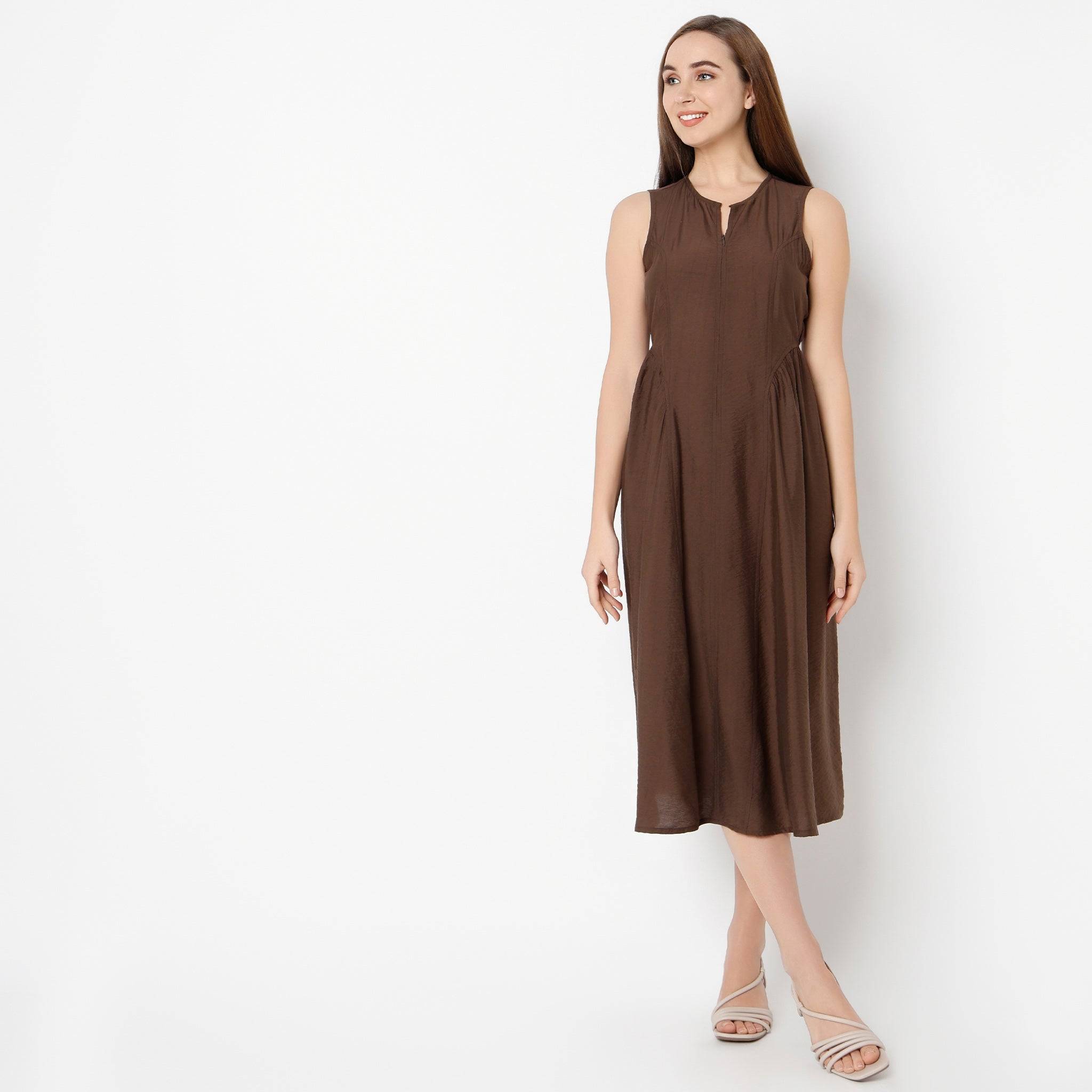 Round Neck Calf Length Sleeveless Solid Dress