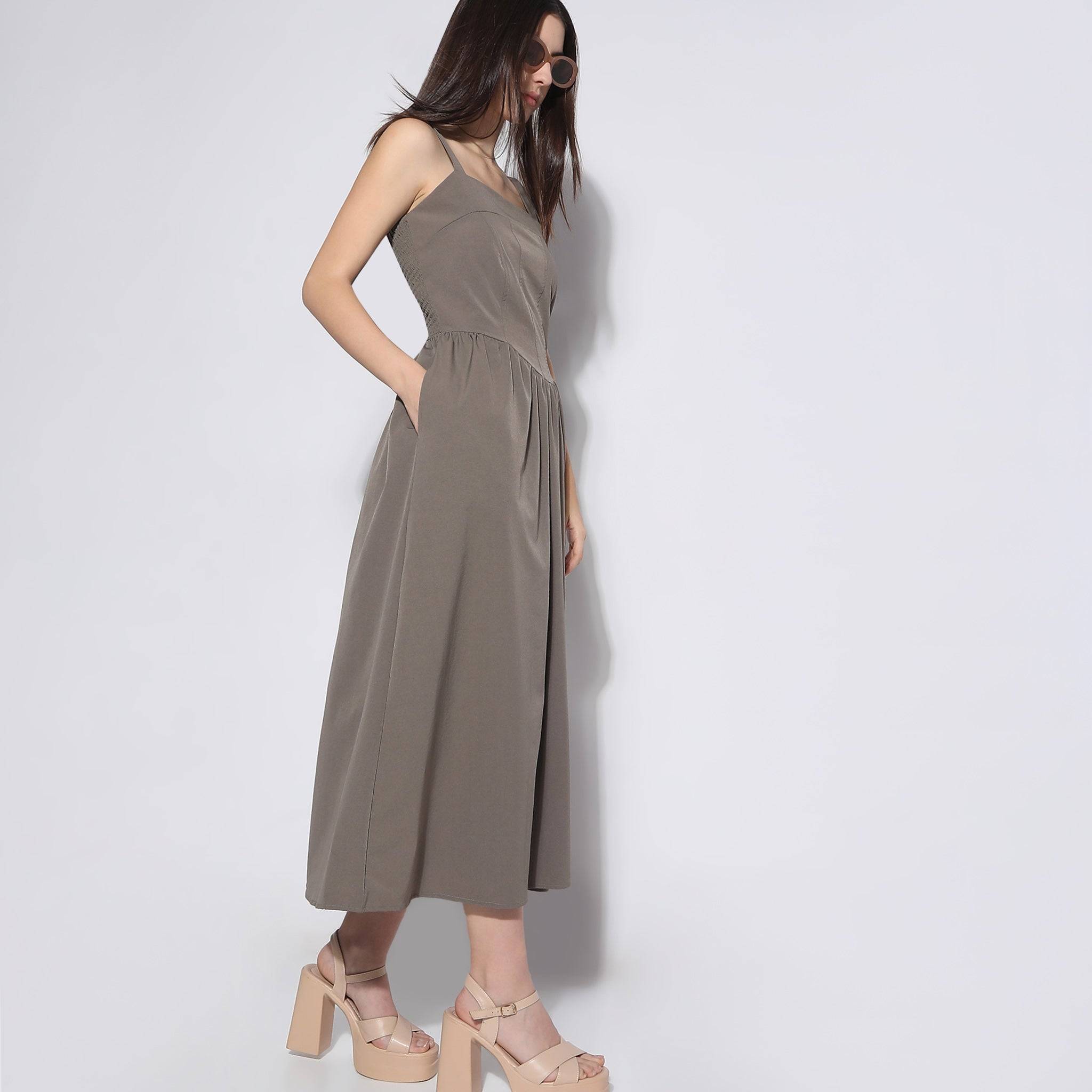 Flare Fit Calf Length Square Neck Sleeveless Dress