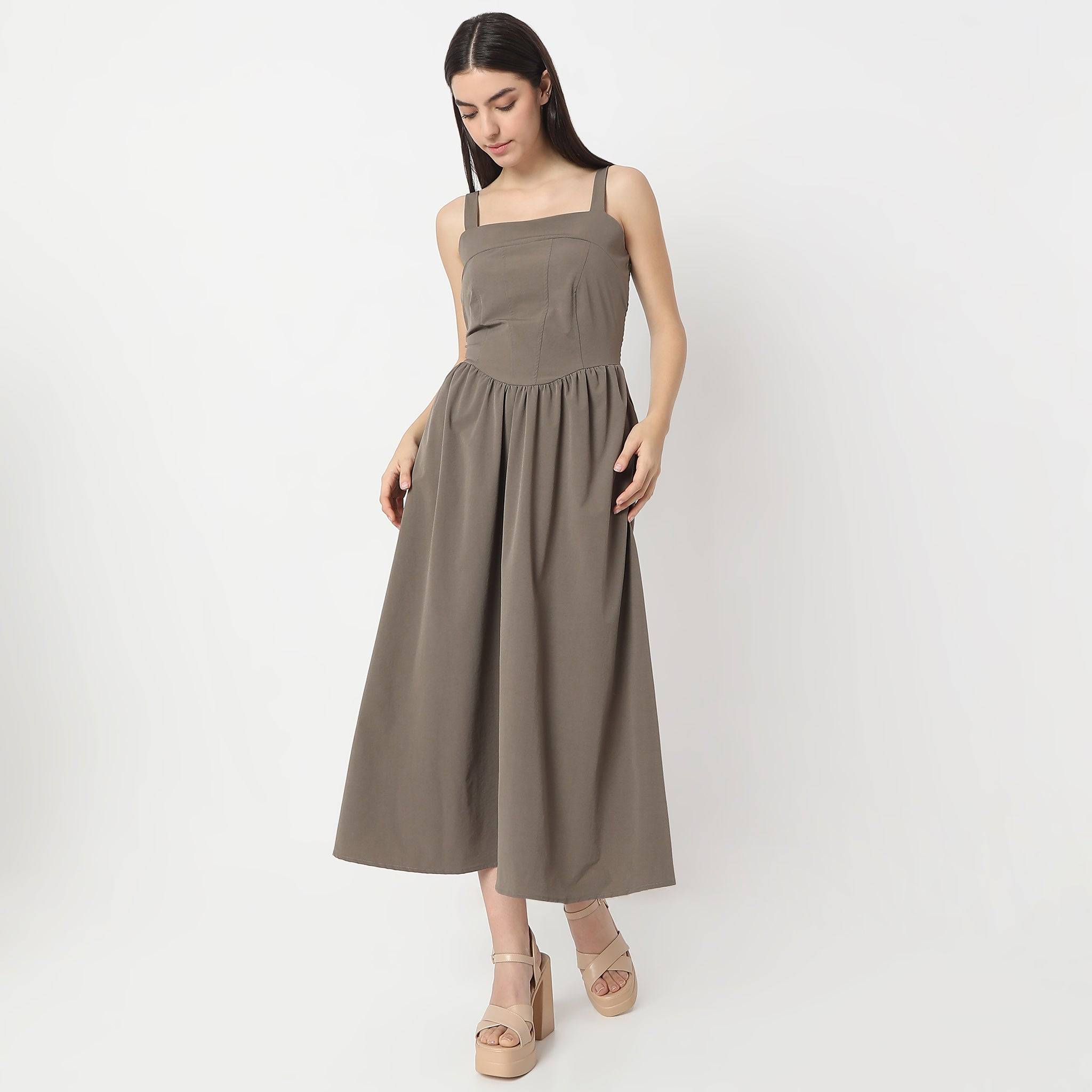 Flare Fit Calf Length Square Neck Sleeveless Dress