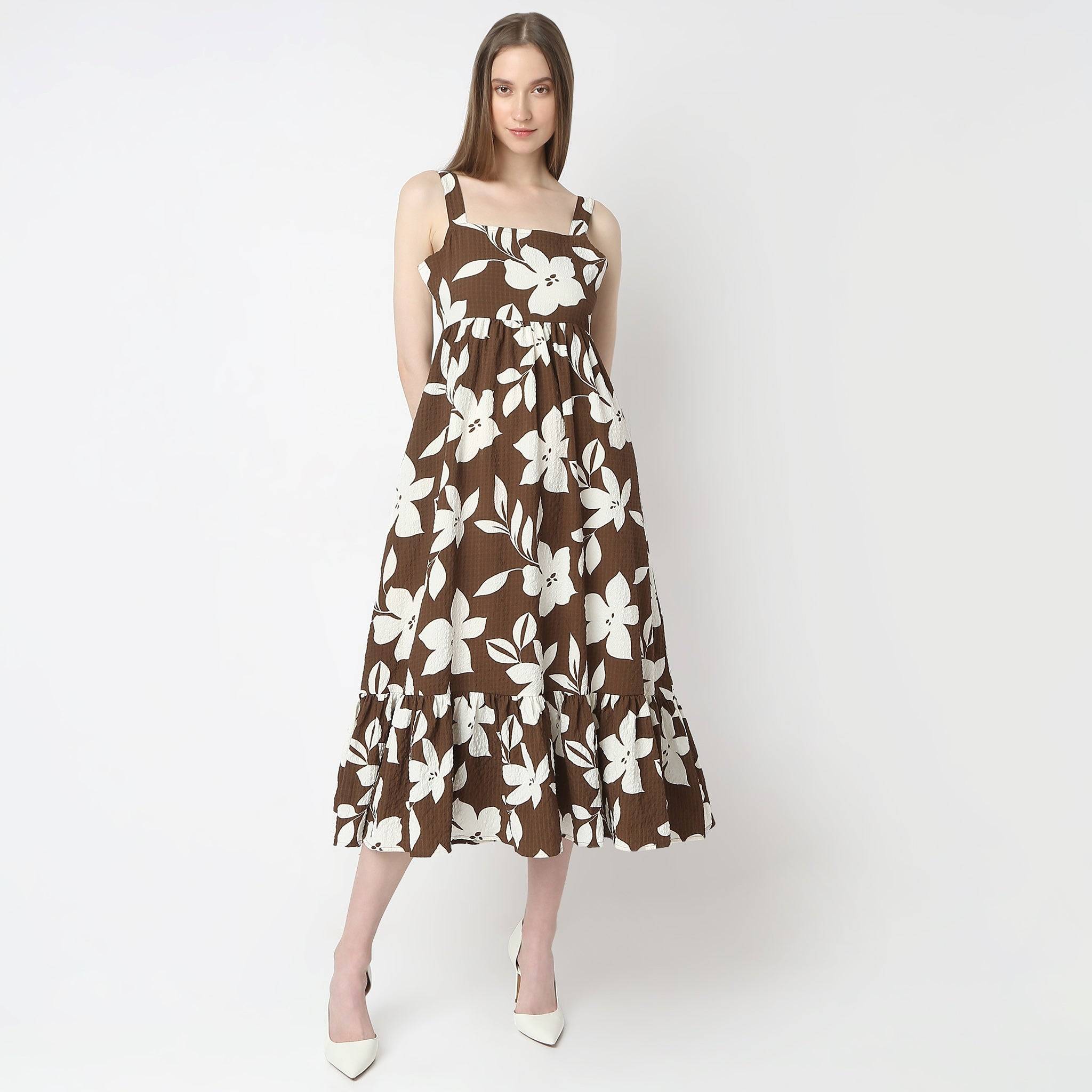 Flare Fit Printed Calf Length Sleeveless Dress