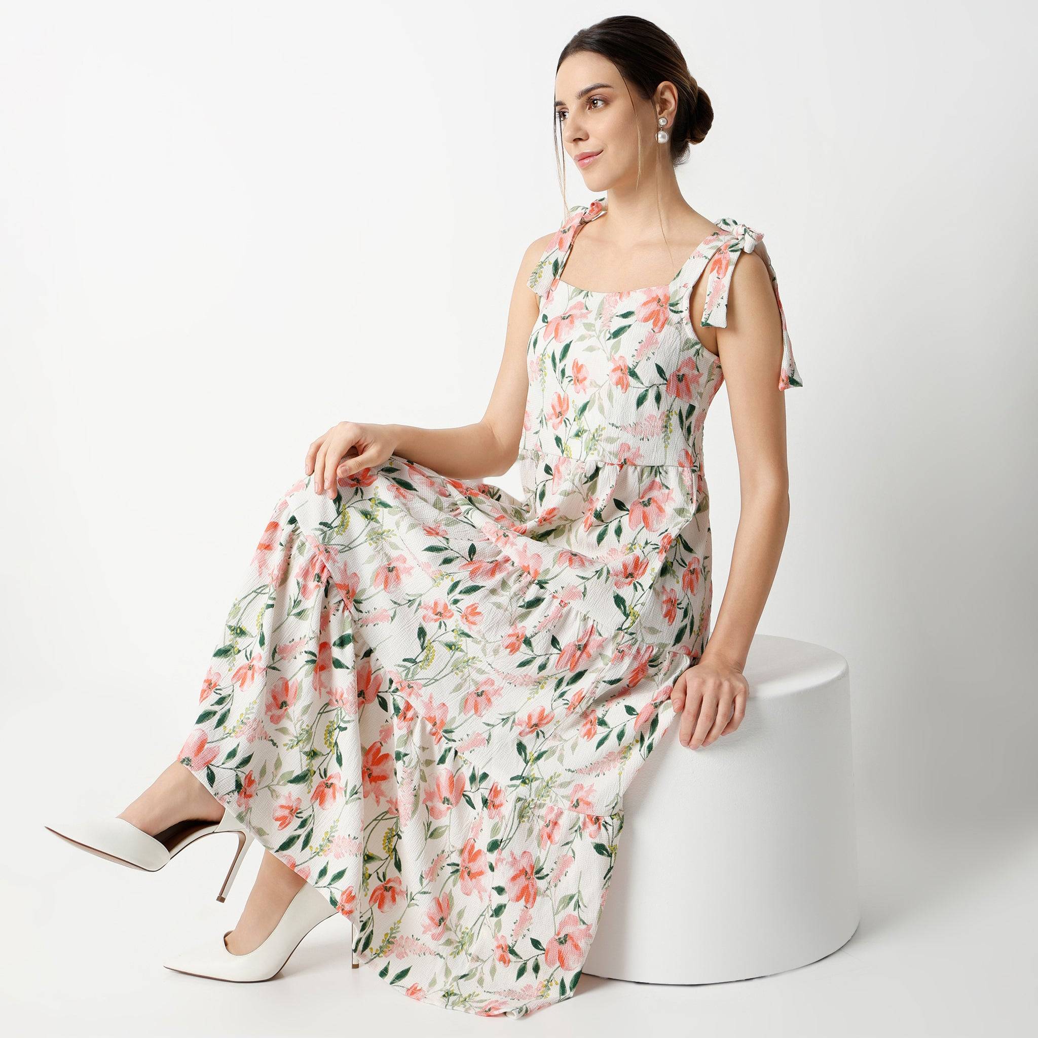 Flare Fit Printed Calf Length Square Neck Strap Shoulder Tiered Dress