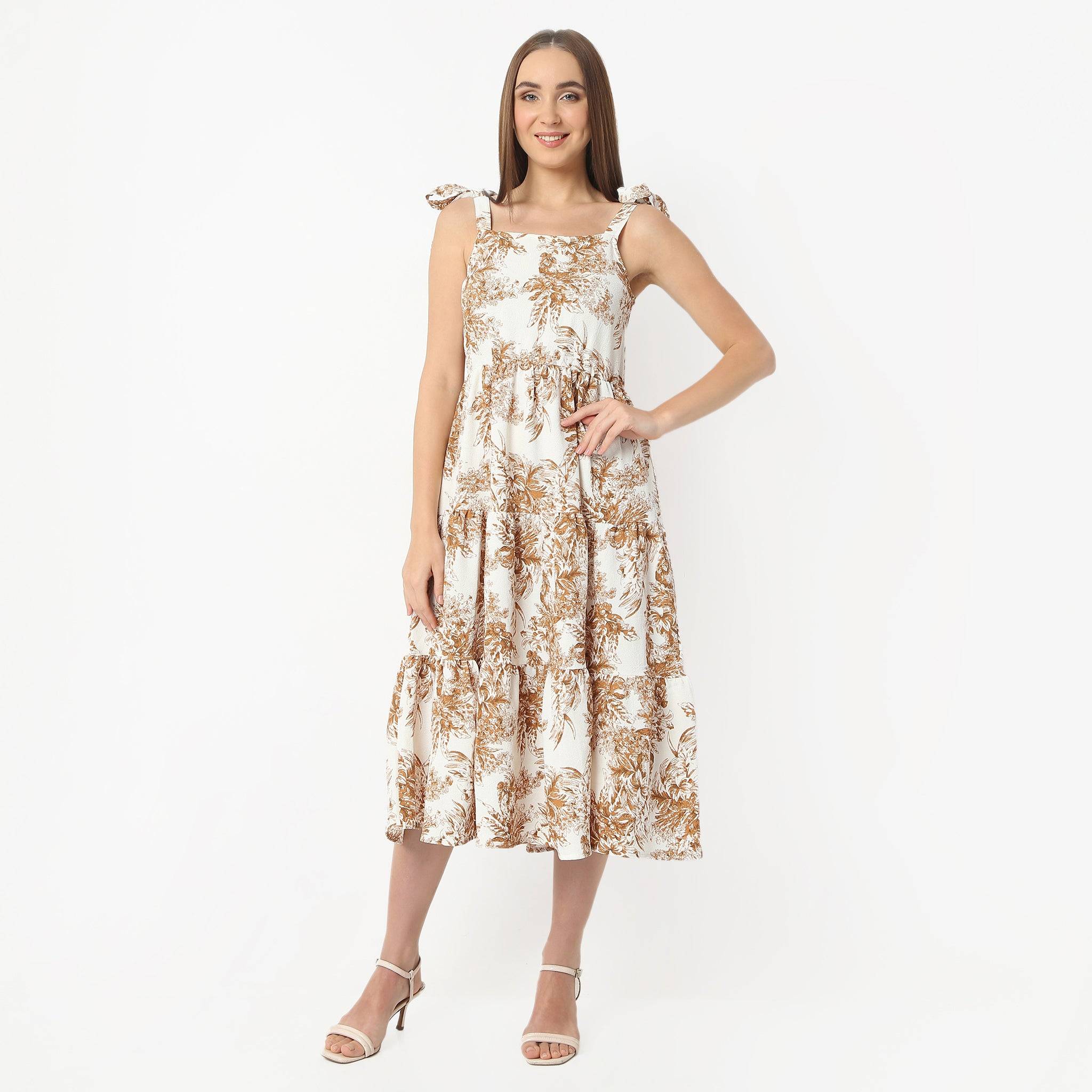 Printed Calf Length Square Neck Sleeveless Dress