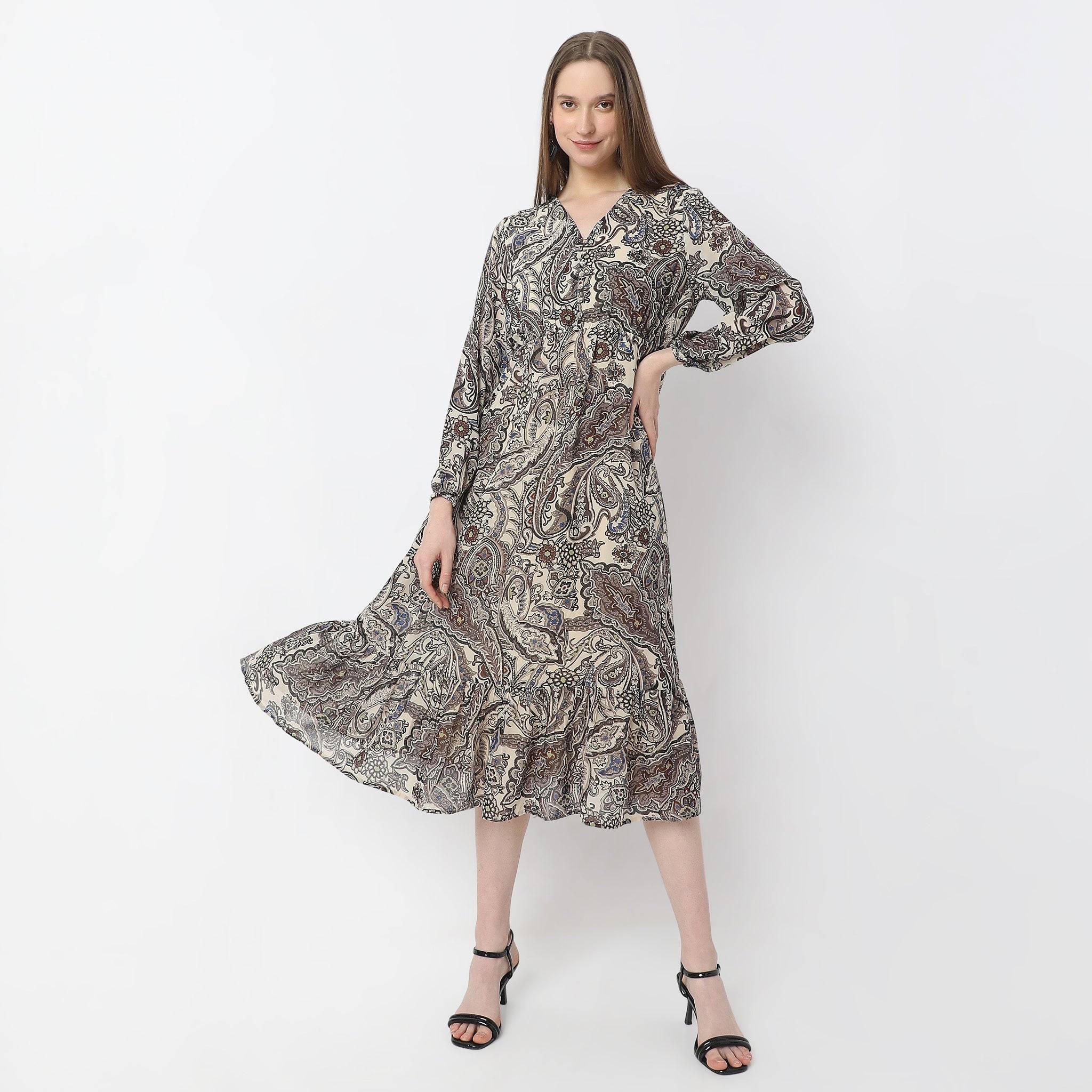 Printed Below Knee V-Neck Full Sleeve Dress