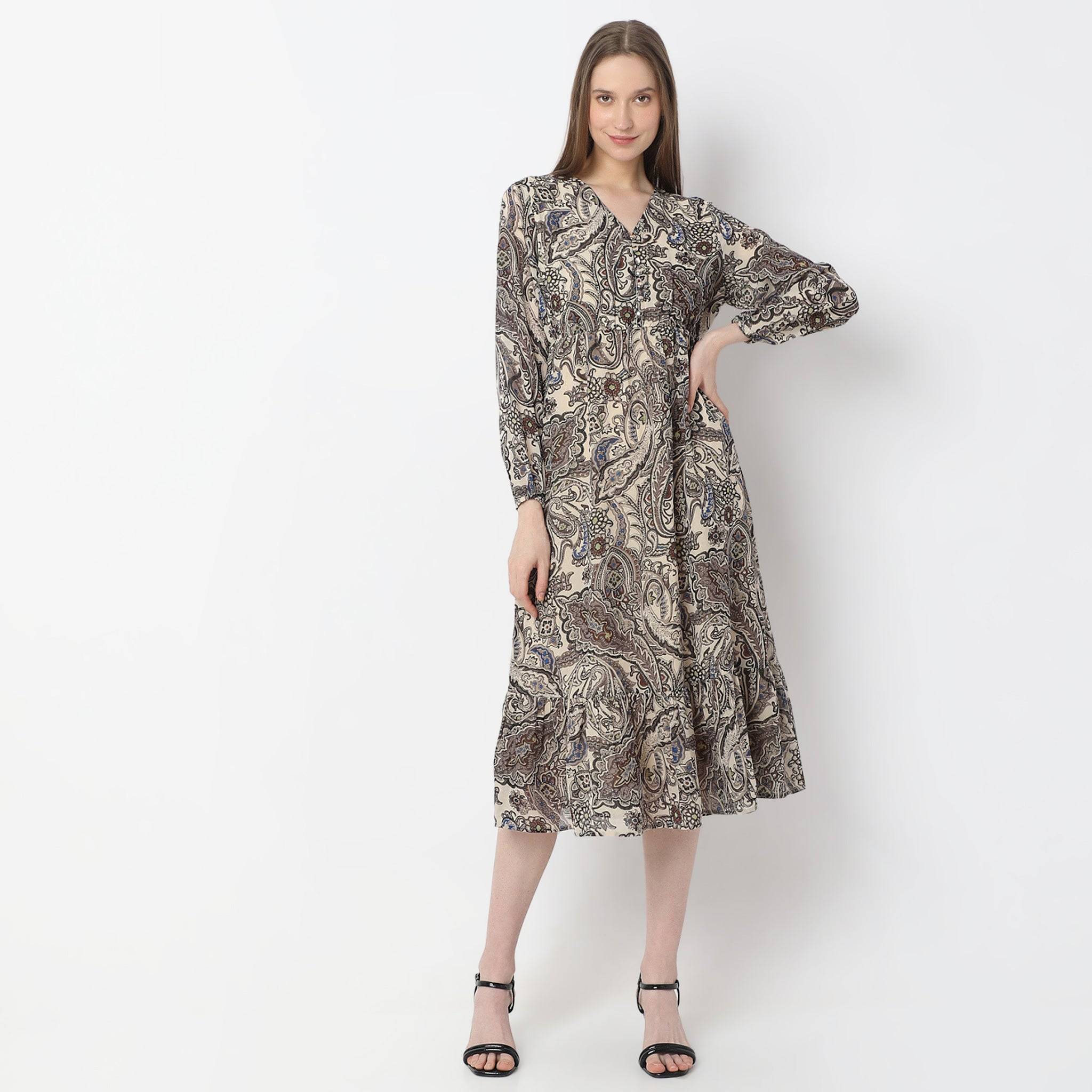 Printed Below Knee V-Neck Full Sleeve Dress