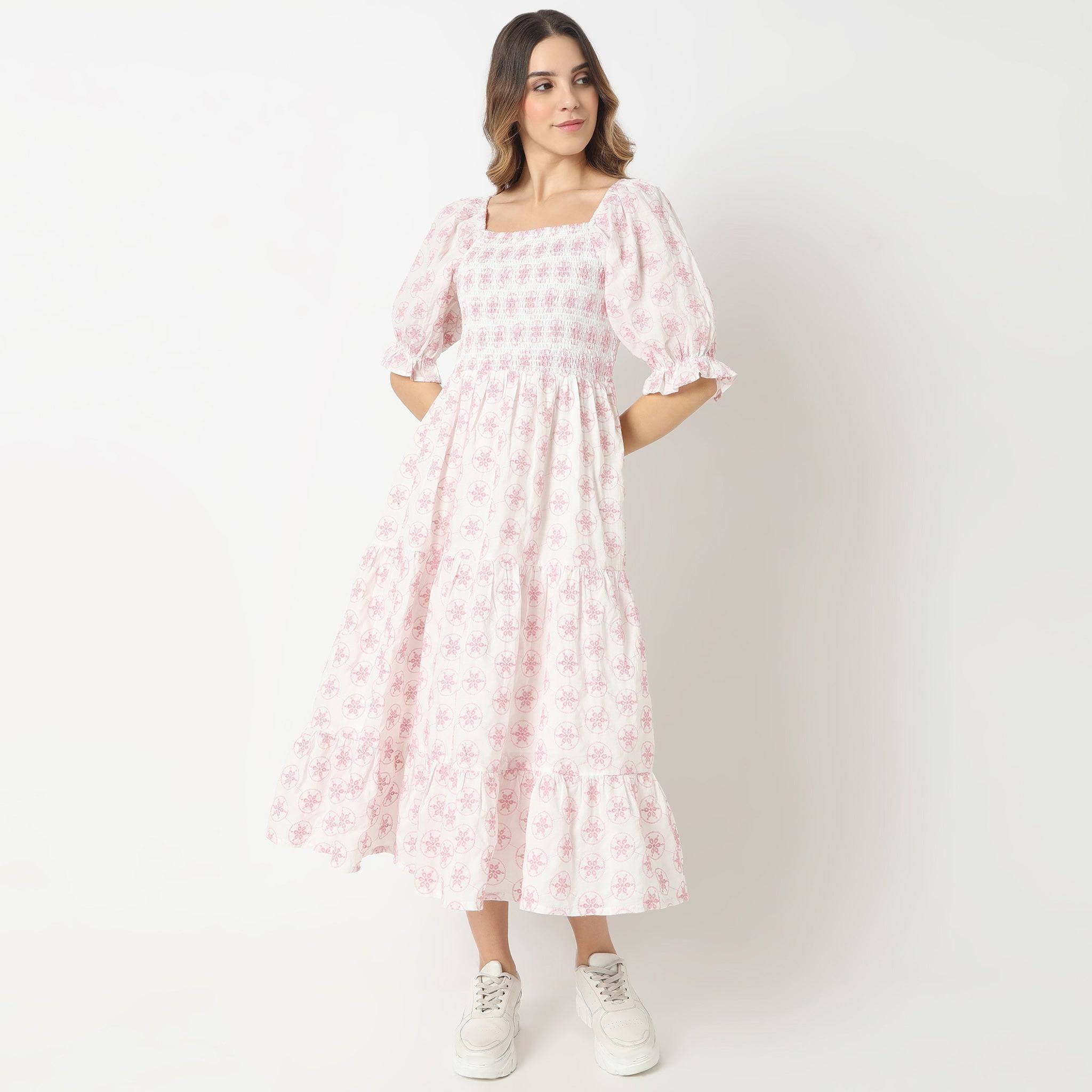 Printed Short Sleeve Square Neck Calf Length Schiffly Dress