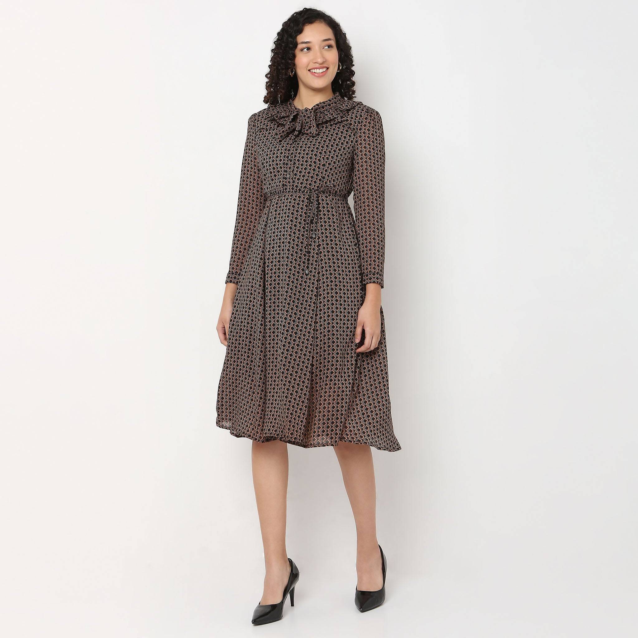 Printed High Neck Dress With self-tie bow detail