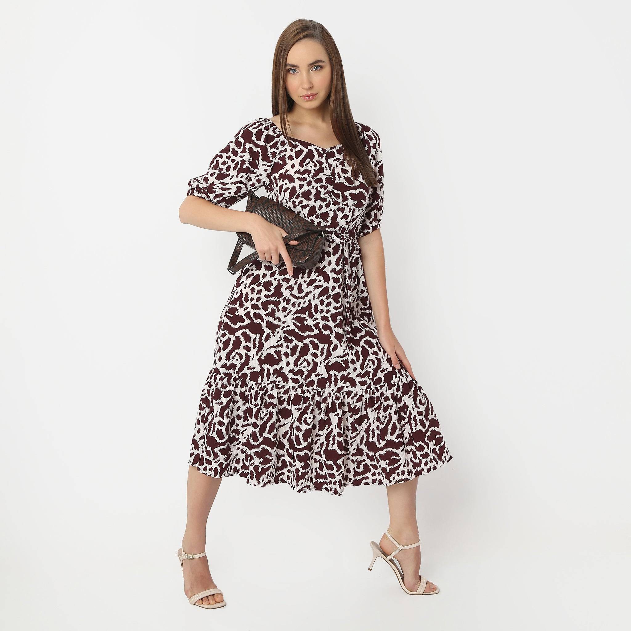 Flare Fit Floral Calf Length Square Neck Short Sleeve Dress
