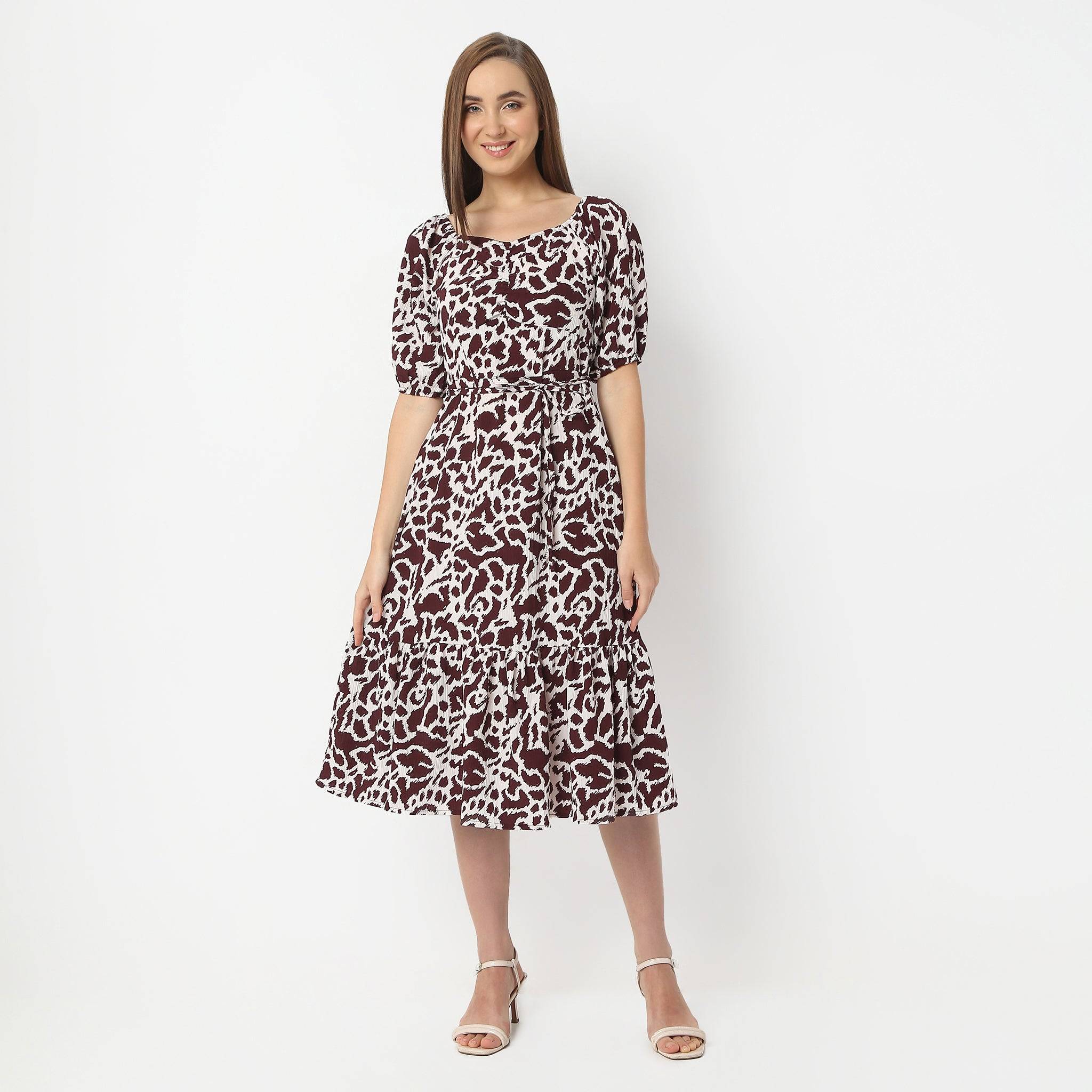 Flare Fit Floral Calf Length Square Neck Short Sleeve Dress