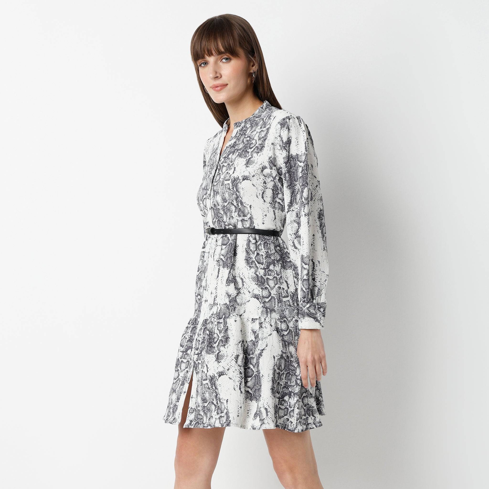 Flare Fit Printed Above Knee Band Collar Full Sleeve Dress