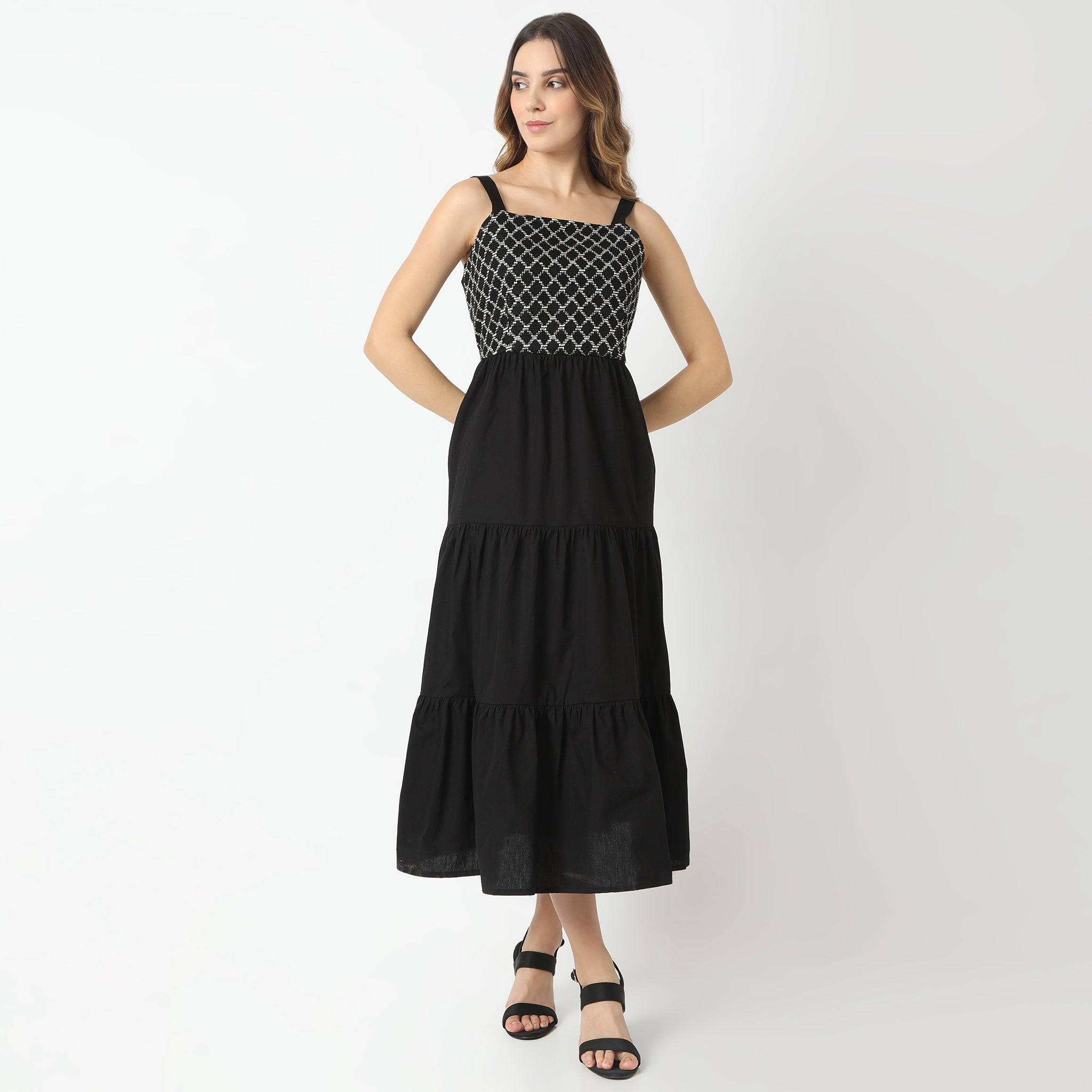 Flare Fit Square Neck Below Knee Tier Dress