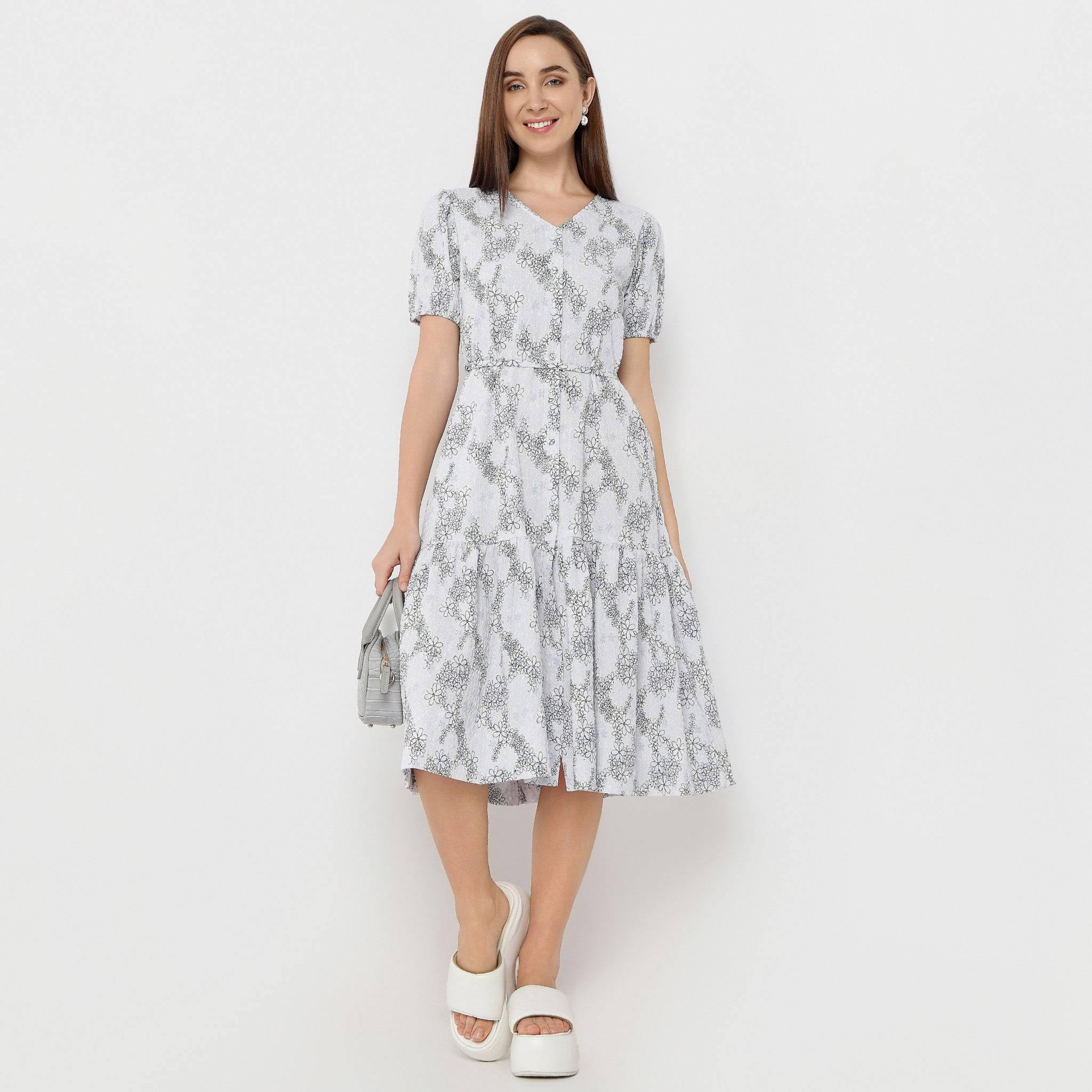 V-Neck Below Knee Short Sleeve Marigold Printed Dress