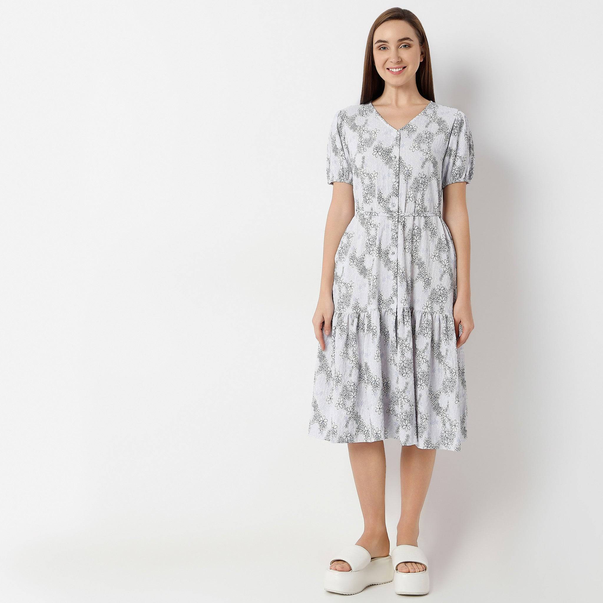 V-Neck Below Knee Short Sleeve Marigold Printed Dress