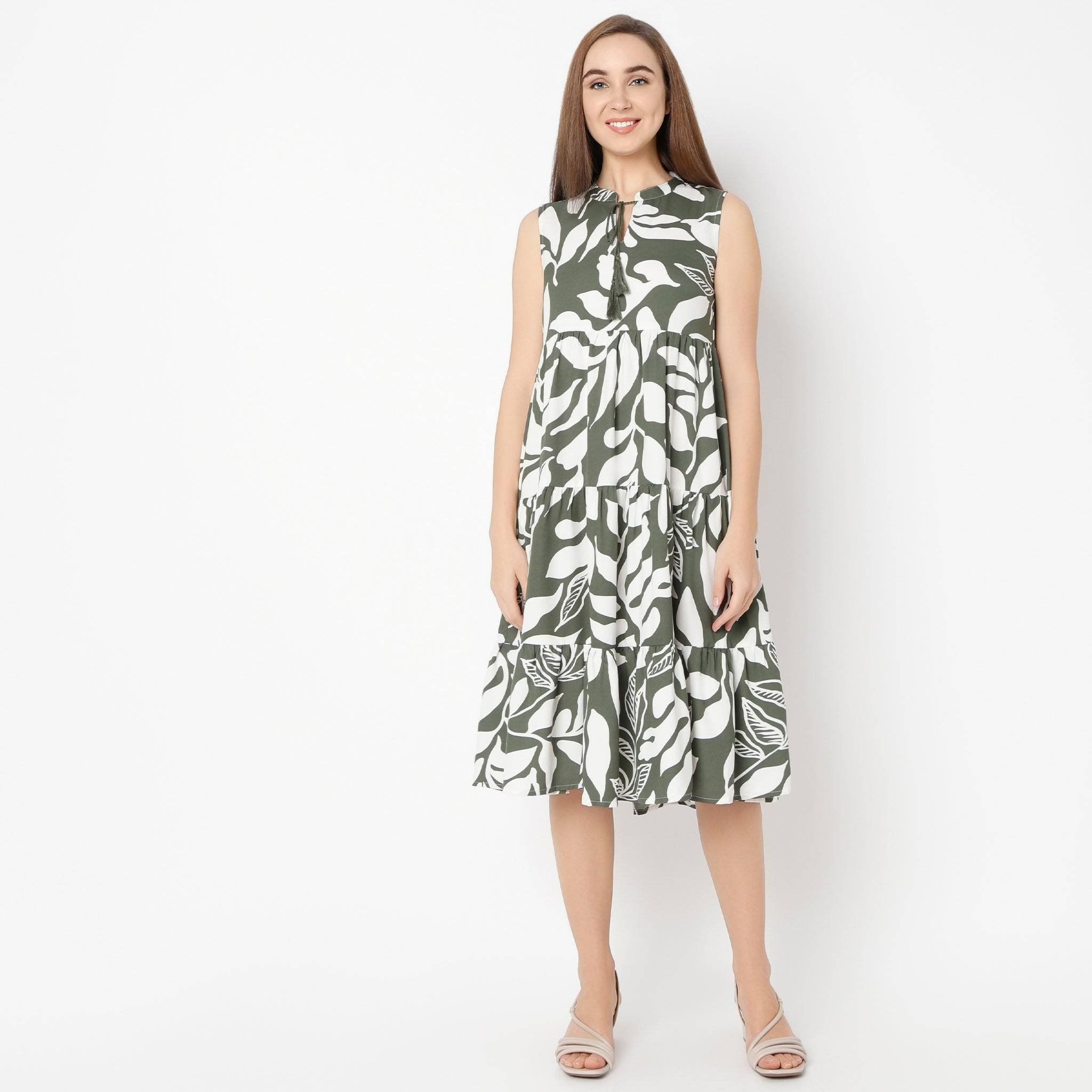 Band Neck Calf Length Flare Fit Floral Printed Strap Dress