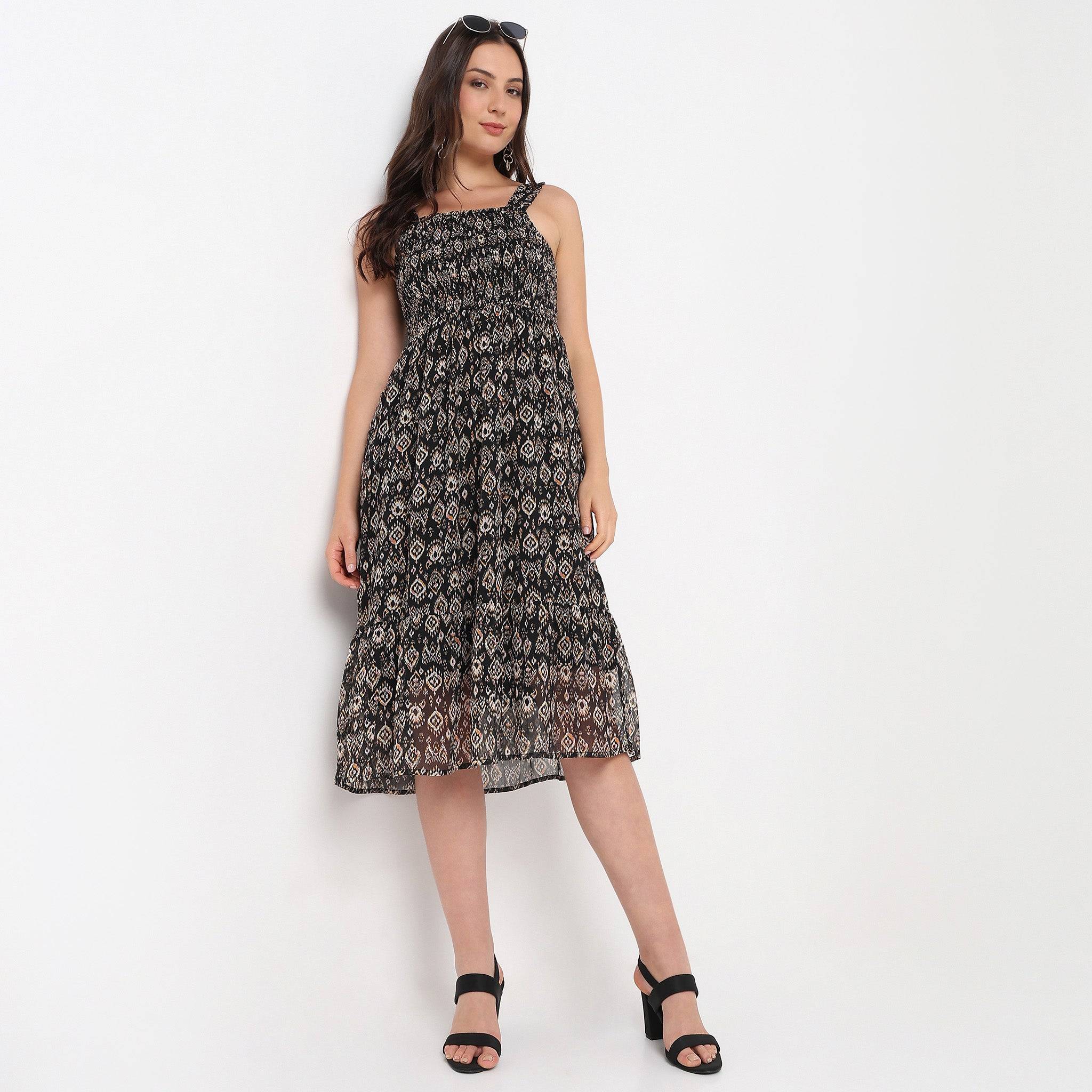 Printed Square Neck Strap Dress