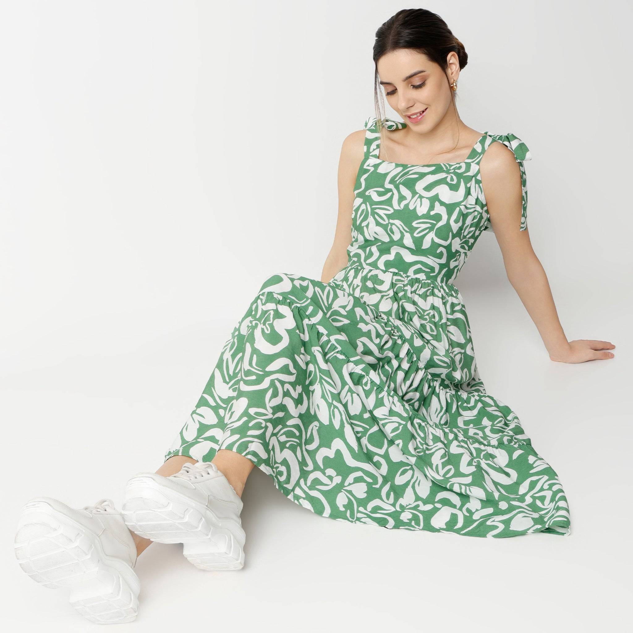 Flare Fit Printed Calf Length Square Neck Strap Dress