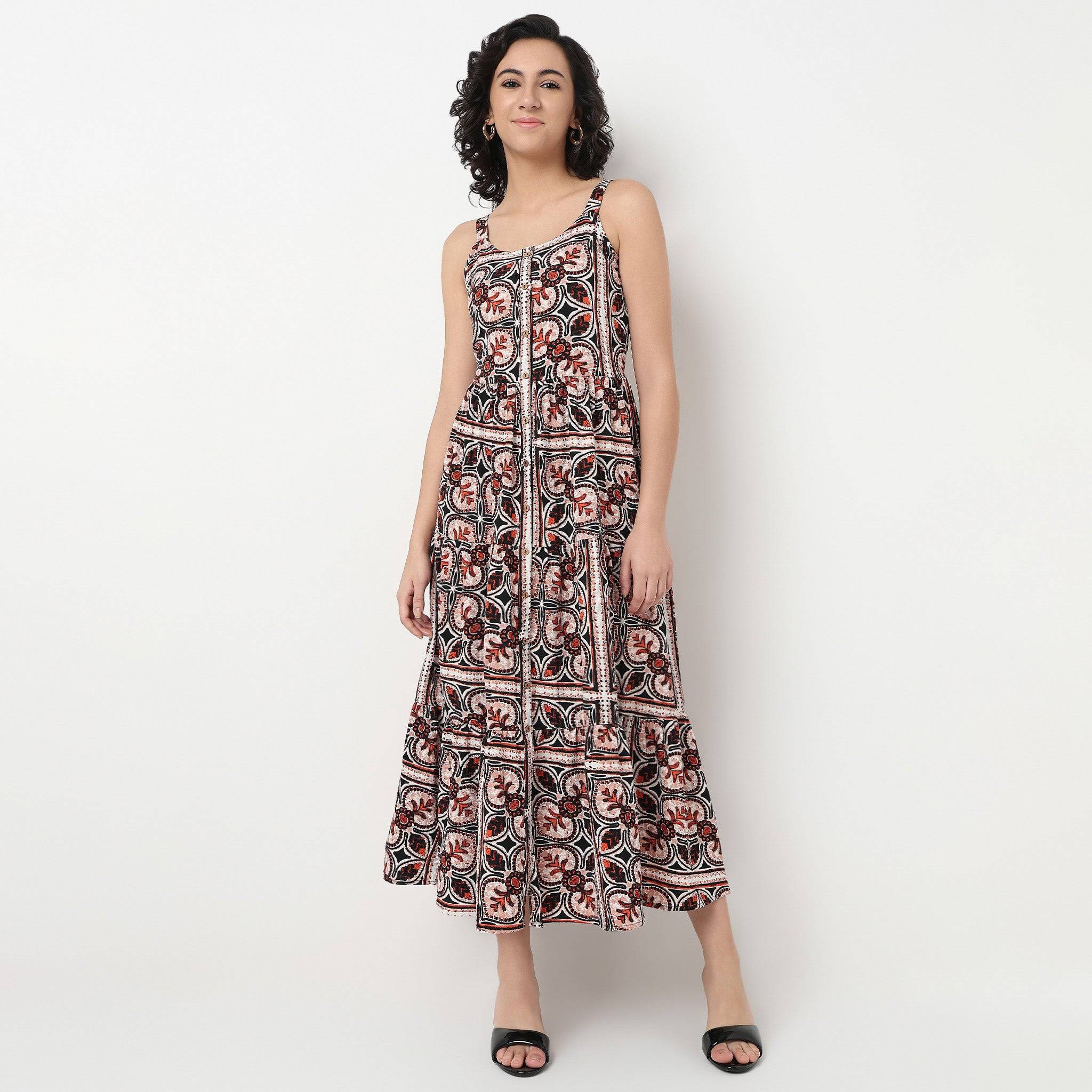 Printed Flare Fit Full Length Dress