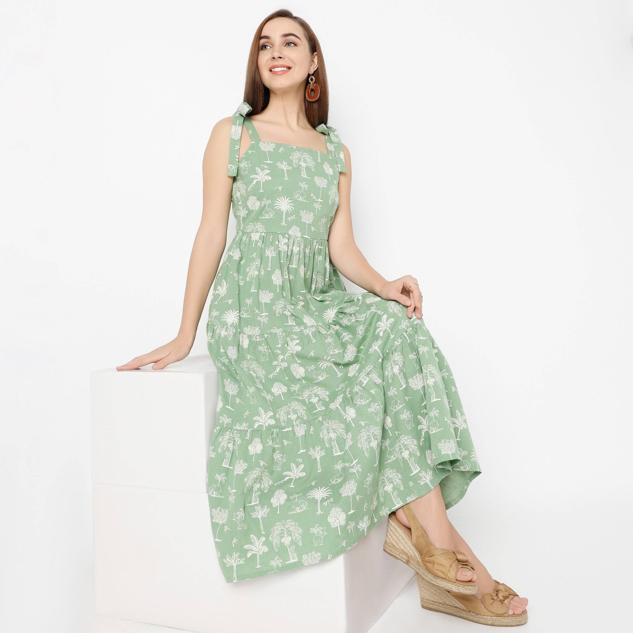 Square Neck Calf Length Flare Fit Floral Printed Strap Dress