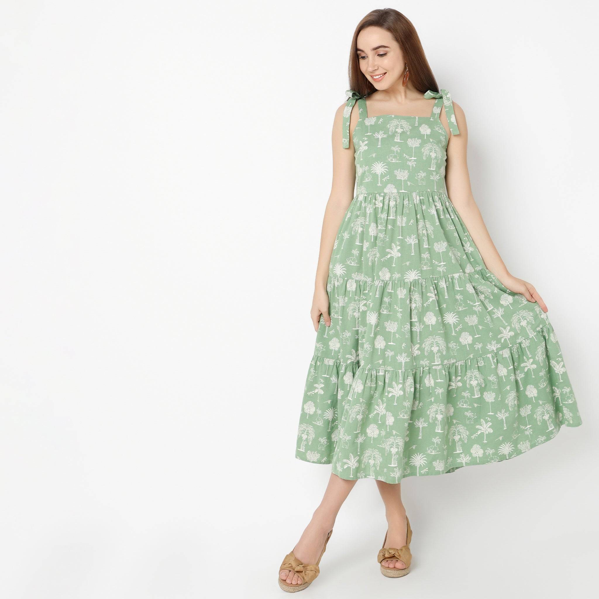 Square Neck Calf Length Flare Fit Floral Printed Strap Dress