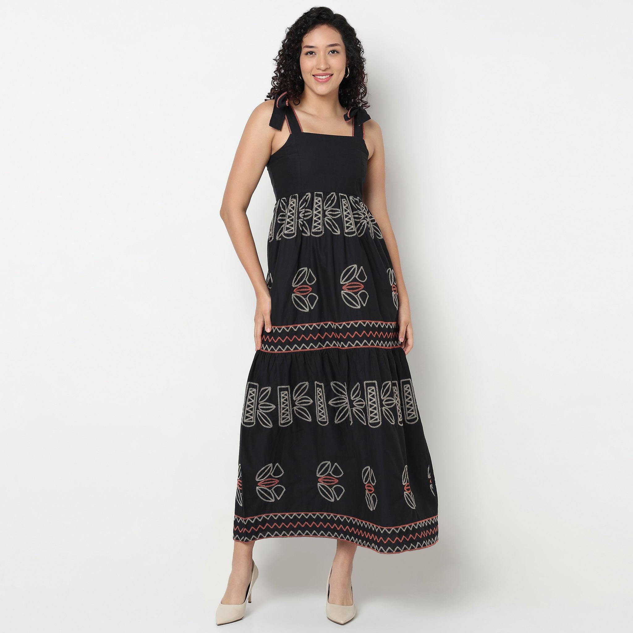 Tribal Print Cotton Flared Long Dress