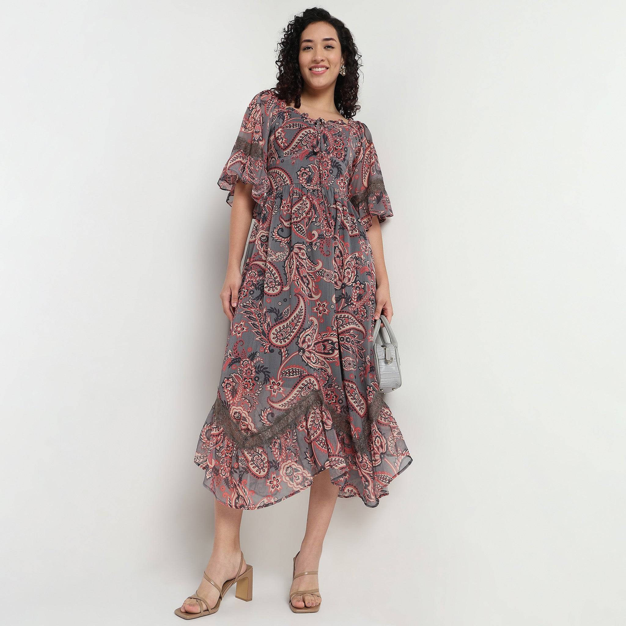 Printed Square Neck Flared Dress