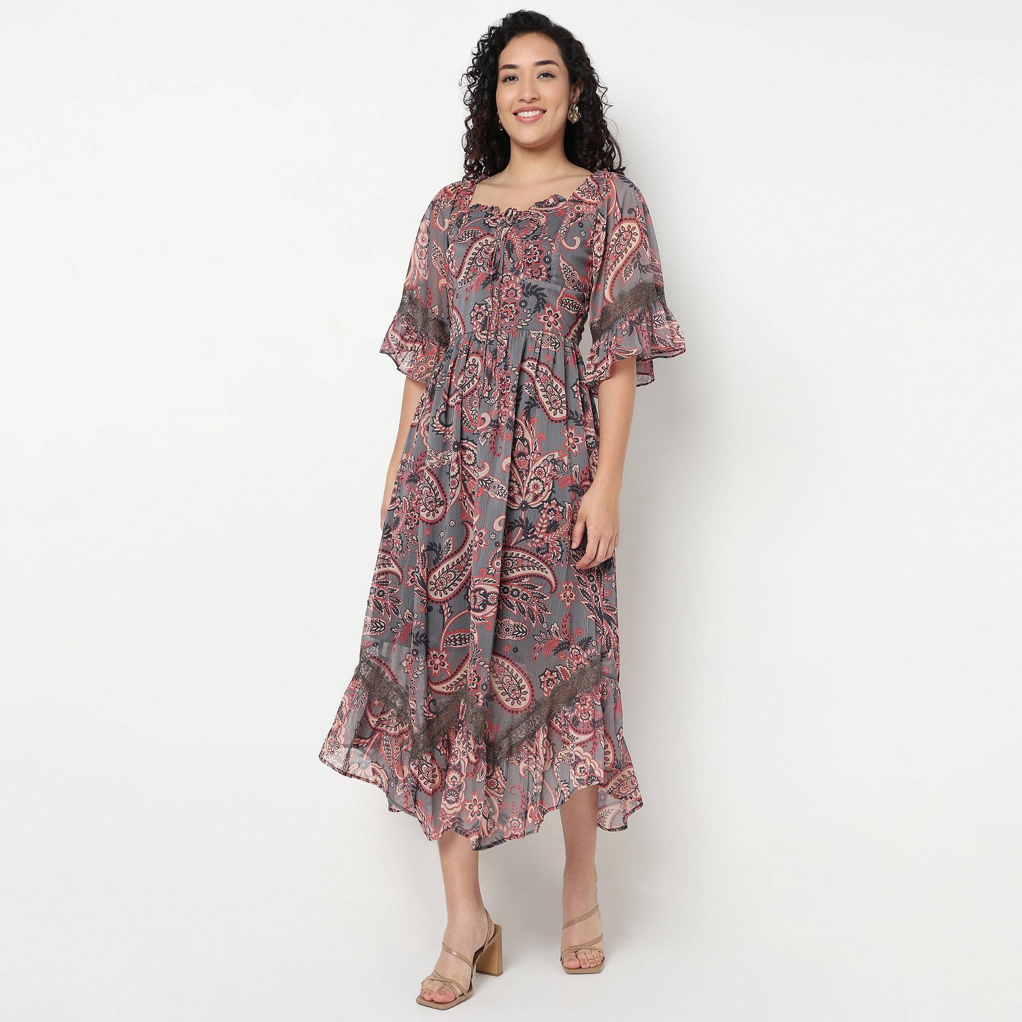 Printed Square Neck Flared Dress