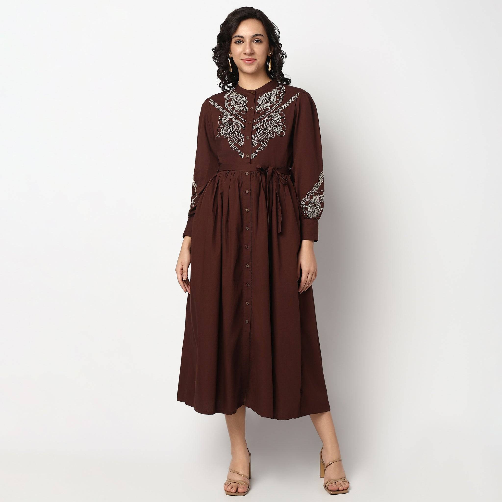 Printed Cotton Band Collar Flared Dress