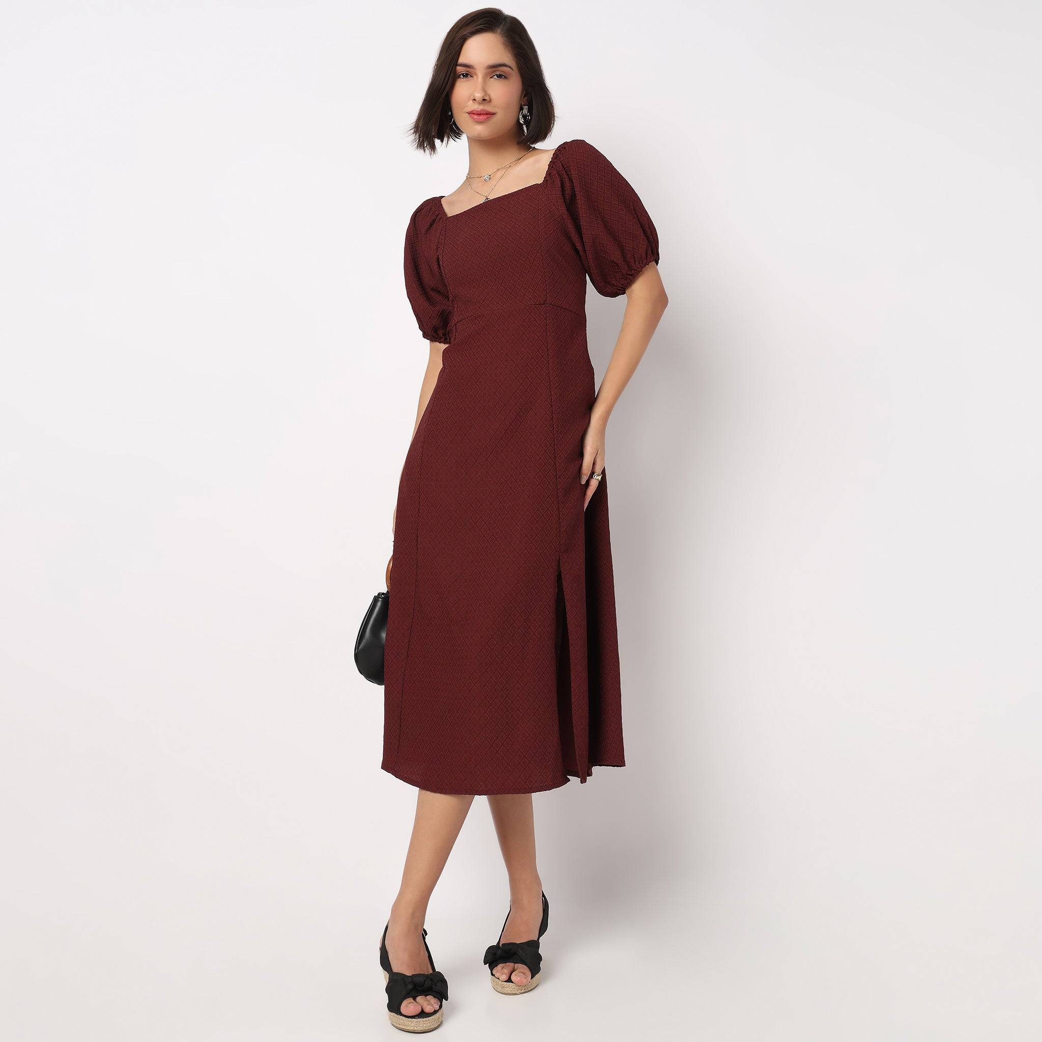 Structured Puff Sleeve Flared Dress