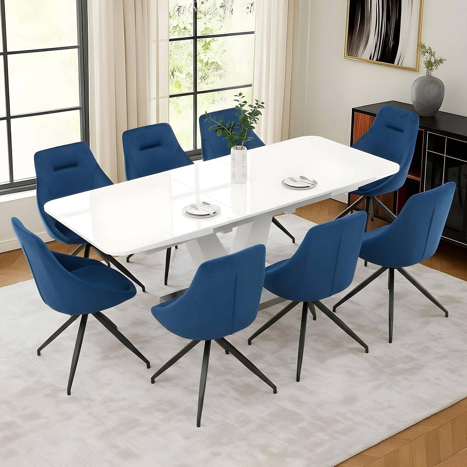 Ezio Glass 6 to 8 Seater Extendable Dining Set - White High Gloss Finish with Blue Chair